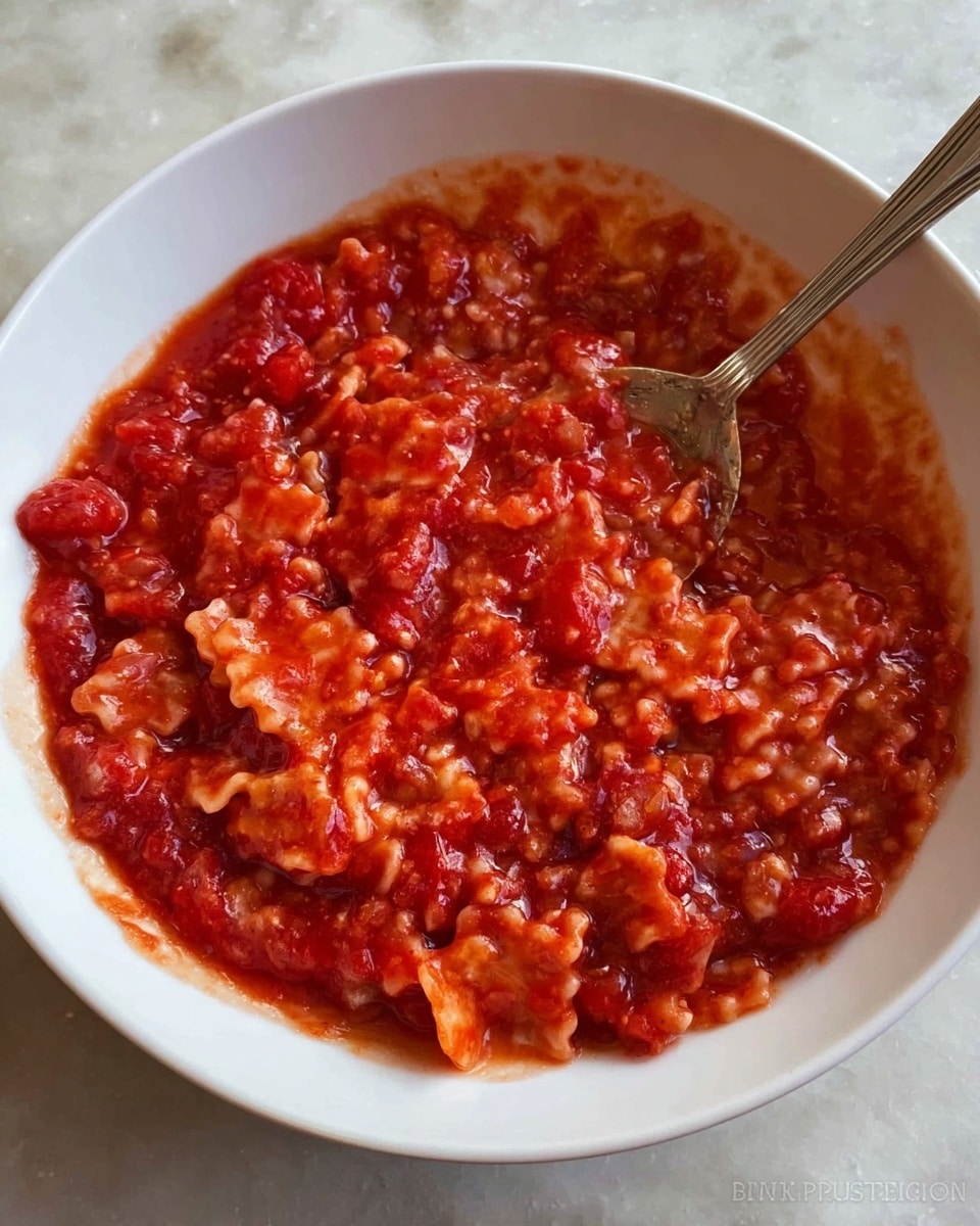 The image shows a white bowl filled with a thick red tomato sauce mixed with small pasta pieces shaped like tiny trees or bones. The sauce is chunky with visible bits of tomato and onions. A silver fork is resting inside the bowl, partially covered with the sauce. The bowl is placed on a white marbled surface. Photo taken with an iphone --ar 4:5 --v 7