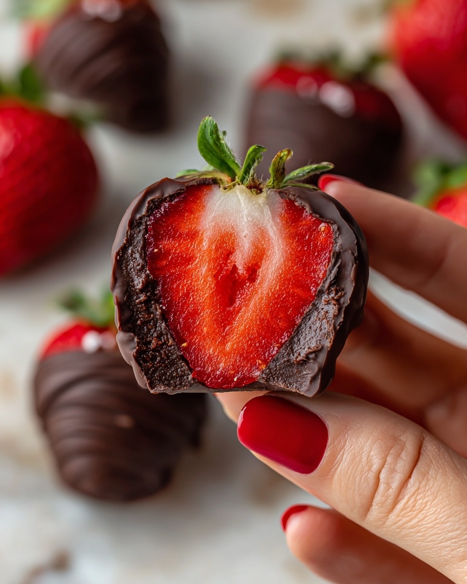 A close-up view of a strawberry coated in thick dark chocolate, sliced in half vertically to show a bright red, juicy strawberry inside. The chocolate layer is smooth and glossy with a slightly uneven edge, wrapping around the vibrant strawberry. In the background, there are several whole strawberries and more chocolate-covered strawberries slightly out of focus. A woman's hand with painted red nails holds the strawberry piece delicately. The surface has a white marbled texture, adding a soft contrast. photo taken with an iphone --ar 4:5 --v 7
