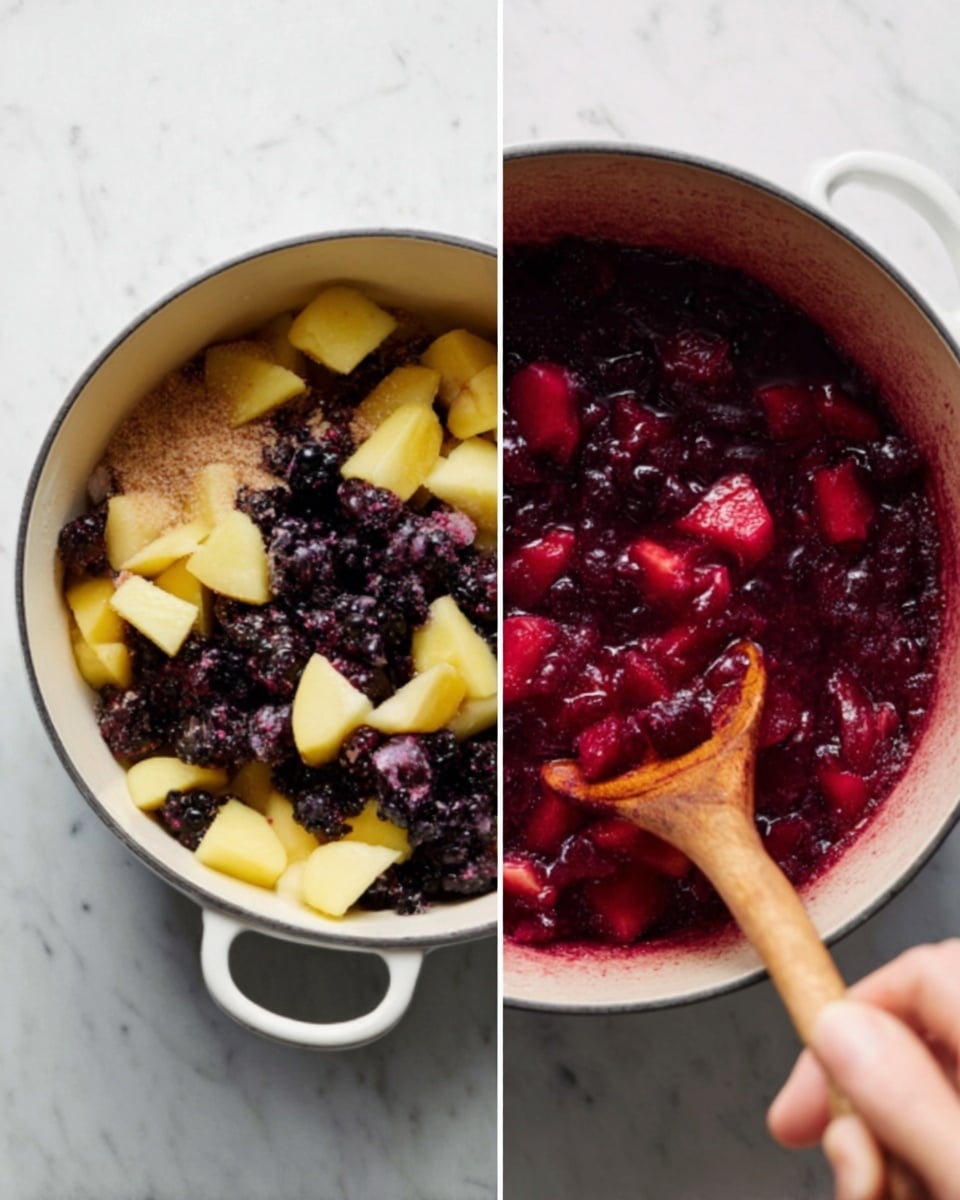 The image shows a white pot with pieces of light yellow fruit, dark purple berries, and brown sugar on top, all layered inside the pot. Next to it, the pot's contents have turned into a thick, deep red mixture with softened fruit chunks, being stirred by a wooden spoon that a woman's hand is holding. The pot sits on a white marbled surface. photo taken with an iphone --ar 4:5 --v 7