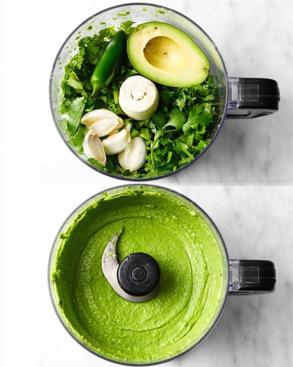 The image shows two stages of making a green sauce in a clear food processor bowl with a black handle, placed on a white marbled surface. The top bowl contains fresh green ingredients: a halved avocado with seed removed, several peeled garlic cloves, dark green leaves of cilantro, and a small green chili, all layered evenly within the clear bowl. Below it is the same food processor bowl filled with a smooth, bright green sauce, showing a thick and creamy texture. The shots are from above, focusing on the clean, fresh colors of the ingredients and the vibrant green of the blended sauce. Photo taken with an iphone --ar 4:5 --v 7