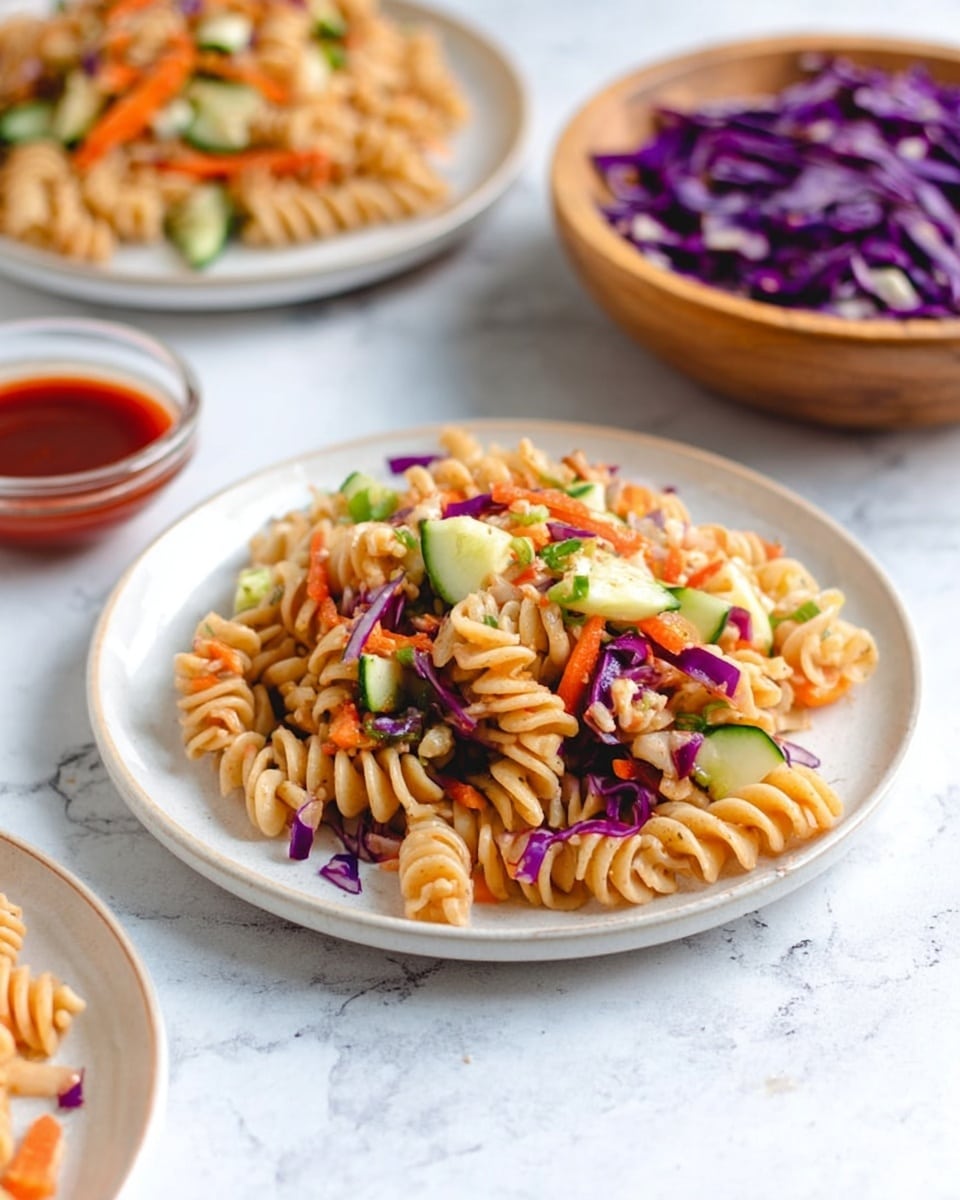 The image shows a white plate filled with a mix of spiral pasta and chopped vegetables. The pasta is light brown, and the vegetables include orange thin carrot strips, green cucumber pieces, and purple cabbage. The salad is mixed well, with the colorful vegetables scattered evenly throughout the pasta. Behind the plate, part of another white plate with a similar pasta salad is visible. A wooden bowl filled with chopped purple cabbage and a small clear bowl with red sauce are placed on a white marbled surface in the background. Photo taken with an iphone --ar 4:5 --v 7