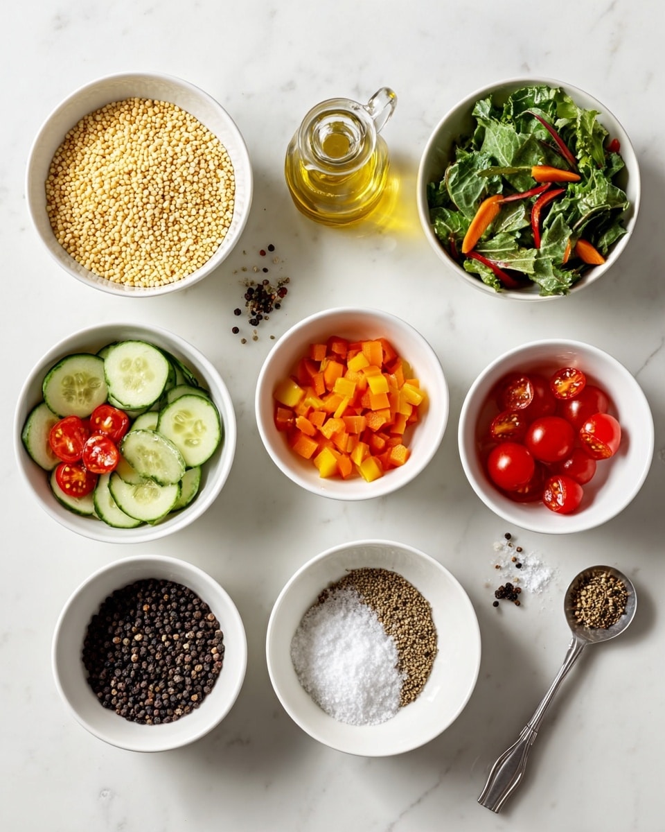 Nine white bowls are arranged in a 3x3 grid on a white marbled surface. From the top left, the first bowl contains light yellow puffed grains. The top middle bowl holds golden olive oil in a small glass bottle placed inside it. The top right bowl has a mix of green leafy vegetables, orange baby carrots, and a red tomato slice. The middle left bowl contains cucumber slices and orange pepper pieces on a bed of green leaves. The center bowl is filled with coarse white salt. The middle right bowl has halved and whole red cherry tomatoes. The bottom left bowl holds more light yellow puffed grains. The bottom middle bowl contains a mix of black peppercorns with some hints of red and green. The bottom right bowl, with a small metal spoon, has smaller crushed black pepper pieces. Photo taken with an iphone --ar 4:5 --v 7