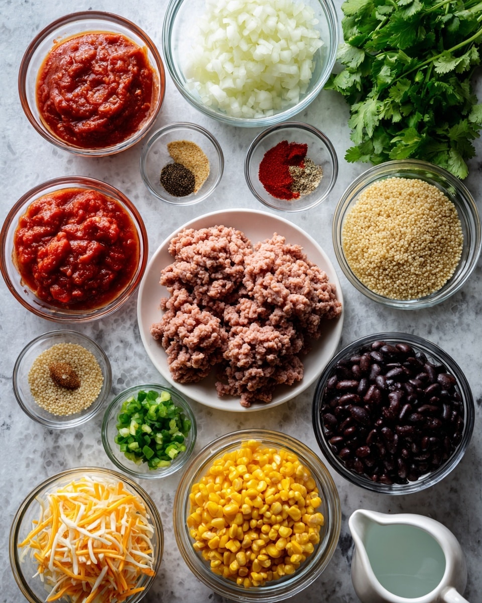 The image shows multiple small clear glass bowls arranged neatly on a white marbled surface, each bowl containing a different ingredient. Starting from top left, a bowl has red salsa with a smooth texture, next to it is a bowl of finely chopped white onion, and close by are small bowls with light brown cumin powder, salt and black pepper mix, and red chili powder. Below the onions, there is a bowl with minced garlic, a bowl with chopped green chilis in a greenish-yellow liquid, and a small bowl with cooked quinoa that is tan and grainy. In the center, a white plate holds two pinkish pallets of raw ground turkey. Below the turkey, there are bowls with shredded cheese in light yellow and orange colors, black beans that are shiny and dark, bright yellow corn kernels, and red roasted tomatoes in a bowl with some liquid. A small white pitcher with clear water is placed near the roasted tomatoes. Fresh green cilantro leaves peek from the top right corner. The lighting is soft and natural, giving a fresh and clean feel to all the ingredients photo taken with an iphone --ar 4:5 --v 7