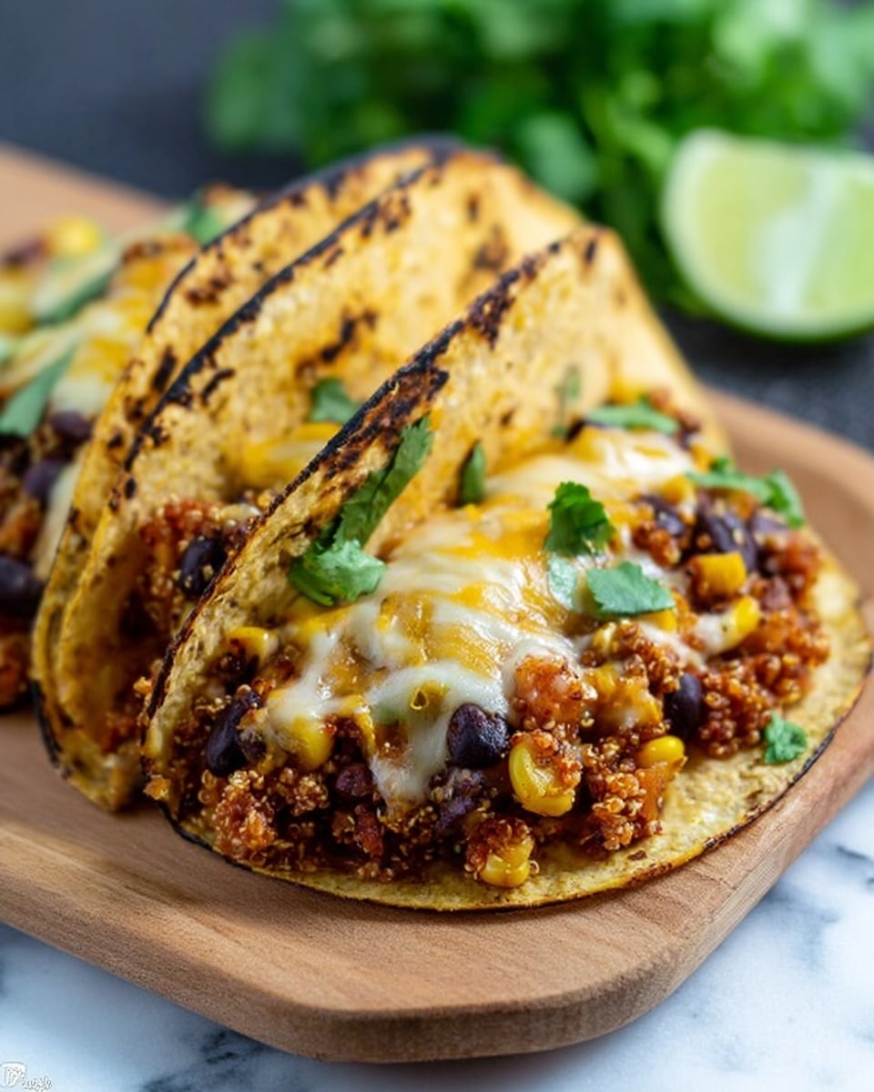 The image shows two tacos placed on a wooden board with a white marbled surface underneath. Each taco has a well-toasted, slightly charred corn tortilla shell folded in half. Inside, there are layers of cooked quinoa mixed with black beans and yellow corn, topped with melted cheddar and white cheese that looks soft and oily. Small pieces of fresh green cilantro are sprinkled on top, adding color. In the background, there is a green lime wedge and some blurry green herbs, giving a fresh feel. The tacos are positioned side by side with the front one in clear focus, showing the texture and colors of the ingredients vividly. photo taken with an iphone --ar 4:5 --v 7