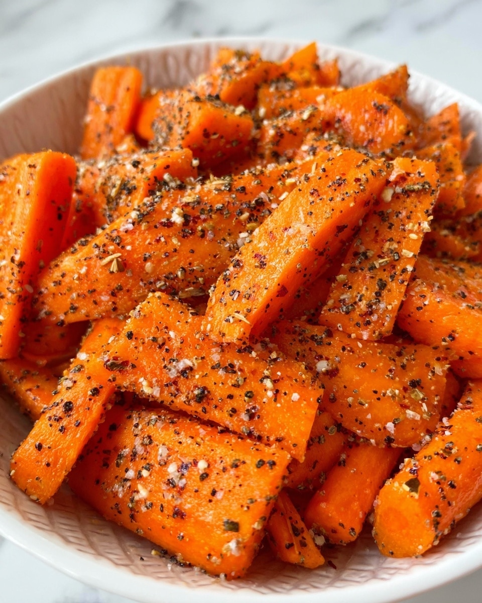 The image shows a close-up of a bowl filled with bright orange carrot sticks, each stick cut into medium-thick rectangular pieces. The carrots are well-coated with a mix of coarse black pepper and various spices, creating a textured layer of seasoning with black and light brown specks spread evenly all over. The white bowl has a simple pattern, and the whole scene is set against a white marbled texture. The vibrant orange of the carrots contrasts sharply with the dark peppery spices, making the dish look fresh and flavorful. photo taken with an iphone --ar 4:5 --v 7