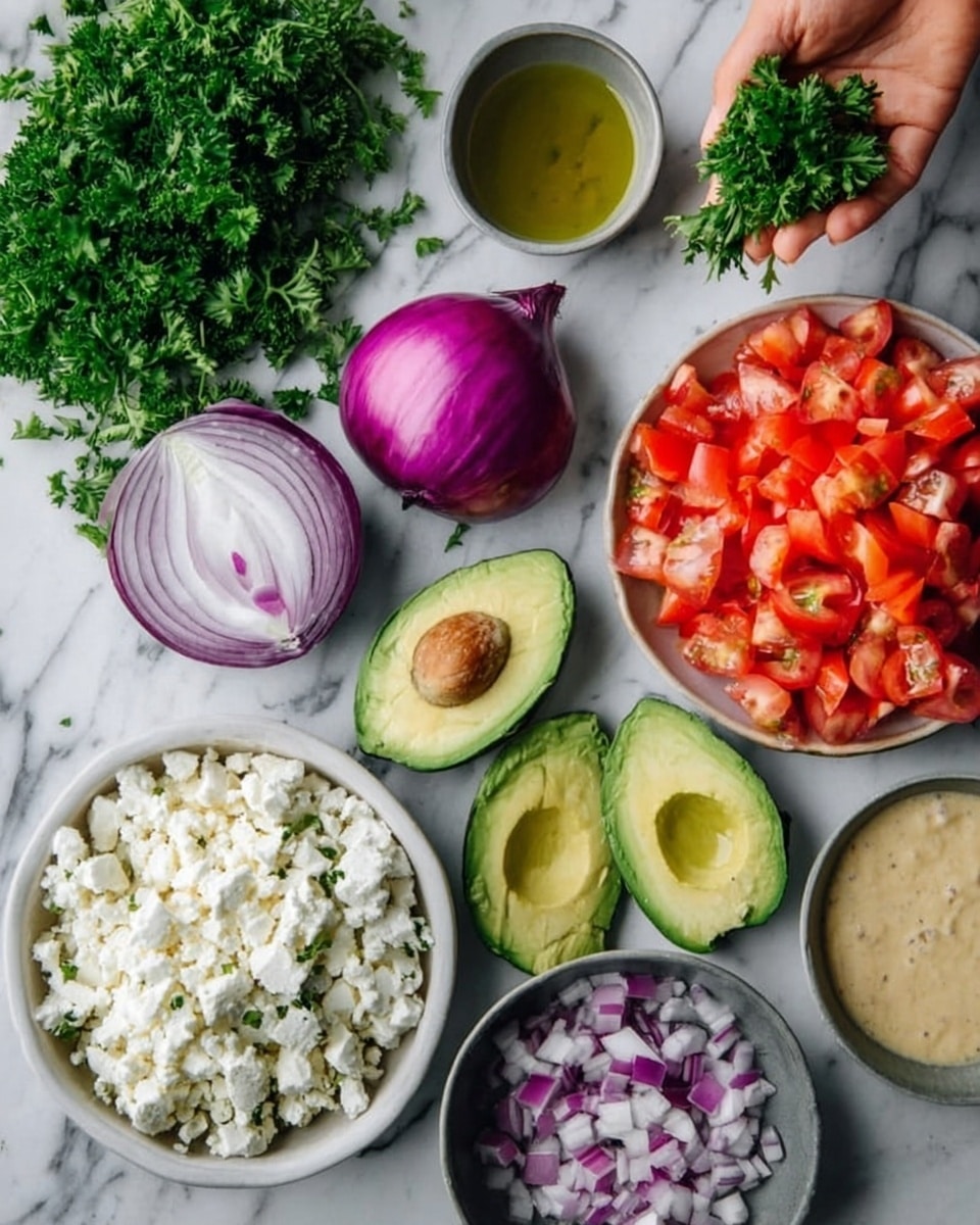 The image shows a variety of fresh ingredients arranged on a white marbled surface. In the top left, there is a bunch of green parsley next to a small bunch held by a woman's hand. To the right, there is a small gray bowl with green olive oil. Below the oil and parsley, there are two half red onions, finely diced purple onion pieces spread around it, and a whole red tomato next to a pile of bright red diced tomatoes. In the center, there are three avocado halves, two without seeds showing their creamy green inside, and one with the seed. On the bottom left, a white bowl is full of white crumbly cheese. Towards the bottom right, there is a small gray bowl with a creamy beige dressing or sauce. The overall look is fresh and colorful, with each ingredient clearly separated and showing different textures. Photo taken with an iphone --ar 4:5 --v 7