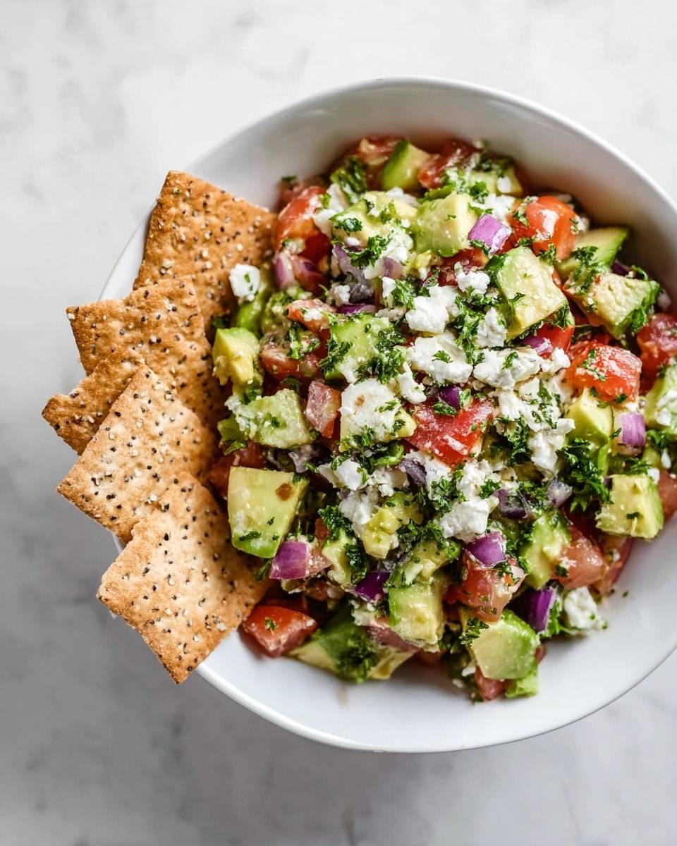 A white bowl filled with a colorful salad made of diced green avocado, red tomatoes, chopped purple onions, fresh green parsley, and white pieces of cheese crumbled on top, creating a mix of vibrant colors and textures. On the left side of the bowl, three hexagonal light brown crackers with seeds lean against the salad. The bowl sits on a white marbled surface, giving a clean and bright look. photo taken with an iphone --ar 4:5 --v 7