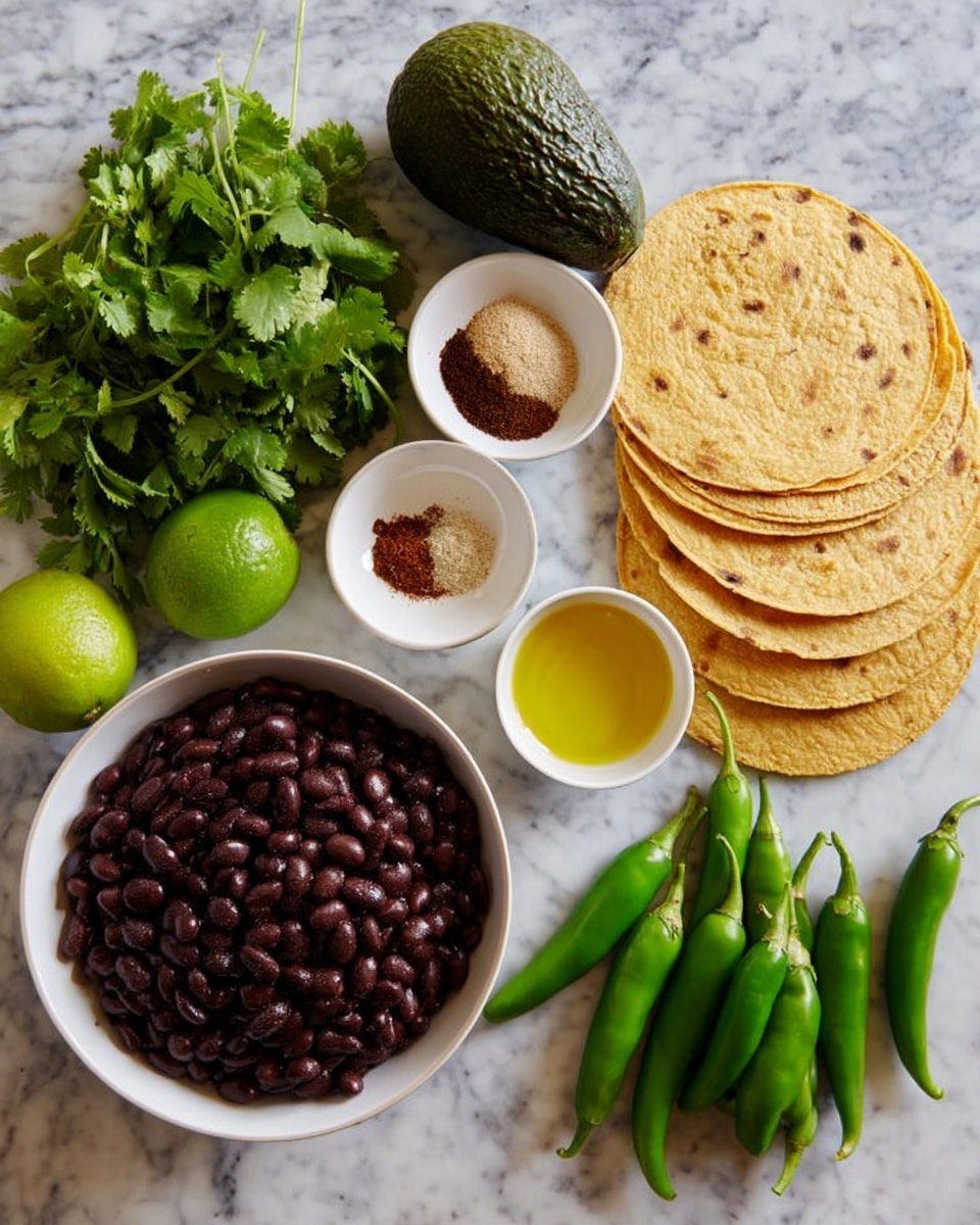 The image shows a white round bowl filled with dark cooked beans placed on the right side of a spread of golden tortillas arranged in a fan shape. Below the beans bowl, there is a small white round bowl with golden olive oil. To the left of the tortillas, a dark green avocado rests next to a bunch of fresh green cilantro leaves. Above the avocado, a small white round bowl holds three spice powders: brown, beige, and light tan. Near the top left corner, a whole green lime is placed. On the lower right side, there are seven fresh bright green chili peppers with stems. The items are arranged on a white marbled surface. photo taken with an iphone --ar 4:5 --v 7