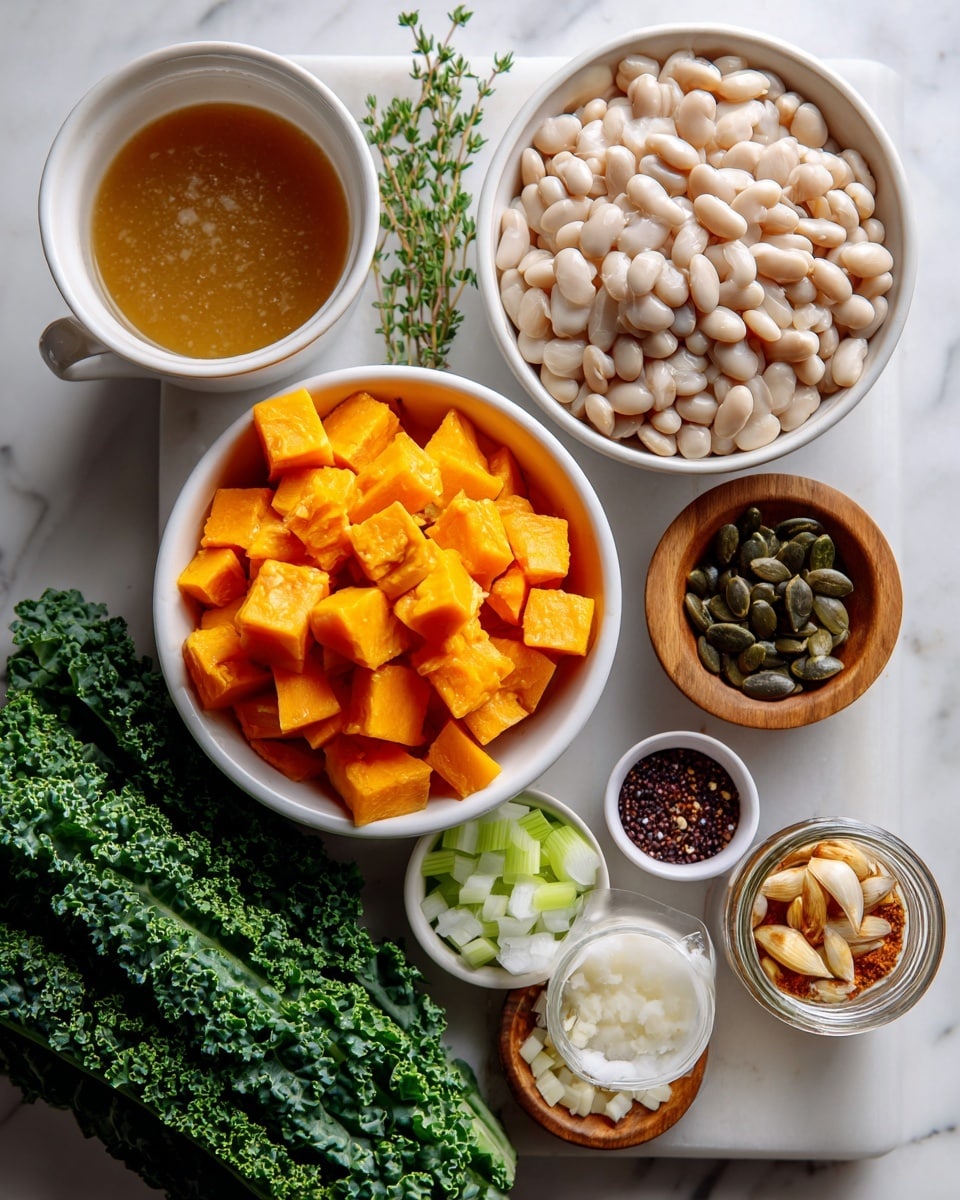 The image shows an overhead view of various ingredients arranged on a white marbled surface. There are four white bowls: one filled with cubed orange squash, another with a mix of chopped white onion and sliced green celery, the third holding a pile of light brown white beans, and the fourth containing dark green pepitas. A small wooden bowl has finely chopped garlic, and another small white bowl next to it holds a mix of spices—black, red, and white powders. Near the bottom left, there is a bundle of dark green kale leaves, while a small glass jar holds a light brown broth and a clear glass cup contains white cream. A few small sprigs of fresh thyme are placed on the squash bowl. The overall color contrast is bright with the white background and vibrant ingredients. photo taken with an iphone --ar 4:5 --v 7