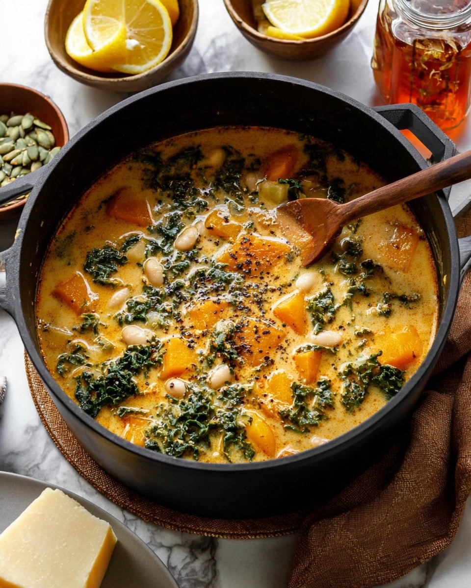 A large black pot filled with creamy soup showing multiple layers: chunks of orange squash, dark green leafy kale, and small pieces of white beans floating in a rich, slightly orange broth with black pepper sprinkled on top. A wooden spoon rests inside the pot, partially submerged. Surrounding the pot are lemon slices in a bowl, light green pumpkin seeds in another bowl, a glass container with honey, and a plate with a piece of hard cheese on a white marbled surface. The pot sits on a folded brown cloth. photo taken with an iphone --ar 4:5 --v 7