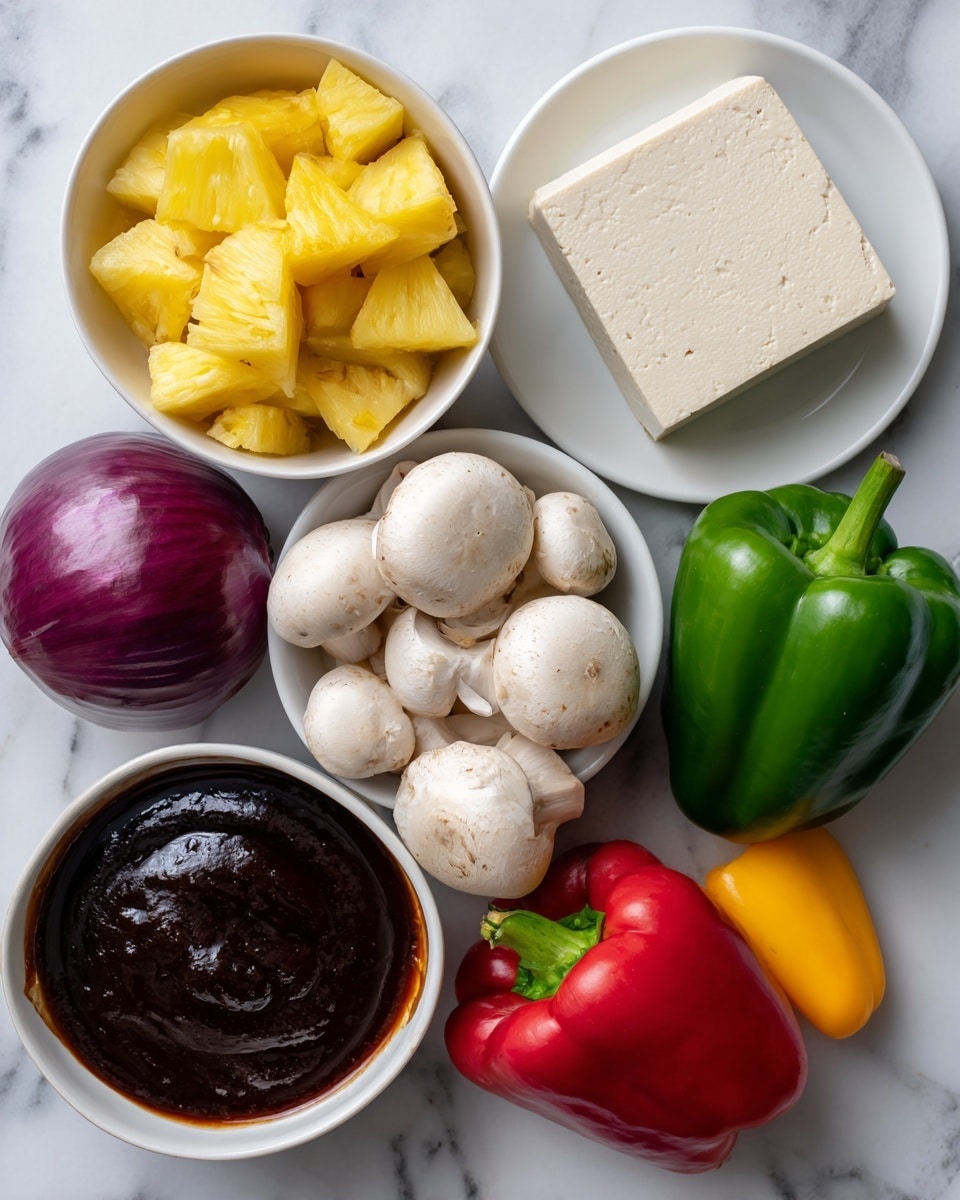 The image shows seven fresh ingredients placed on a white marbled surface, each labeled with black text on white background. At the top left, there is a white bowl filled with bright yellow pineapple chunks. Next to it on the right is a white plate holding a block of light beige tofu. Below the pineapple bowl, a white bowl is filled with smooth, white button mushrooms. In the middle, there is a shiny green pepper sitting directly on the surface. To the right of the green pepper, a bright red pepper lies on the surface, and below it is a bright yellow pepper. At the bottom left corner, a whole purple onion rests on the surface. Near the center bottom, a small white bowl contains dark brown BBQ sauce with a glossy texture. Photo taken with an iphone --ar 4:5 --v 7