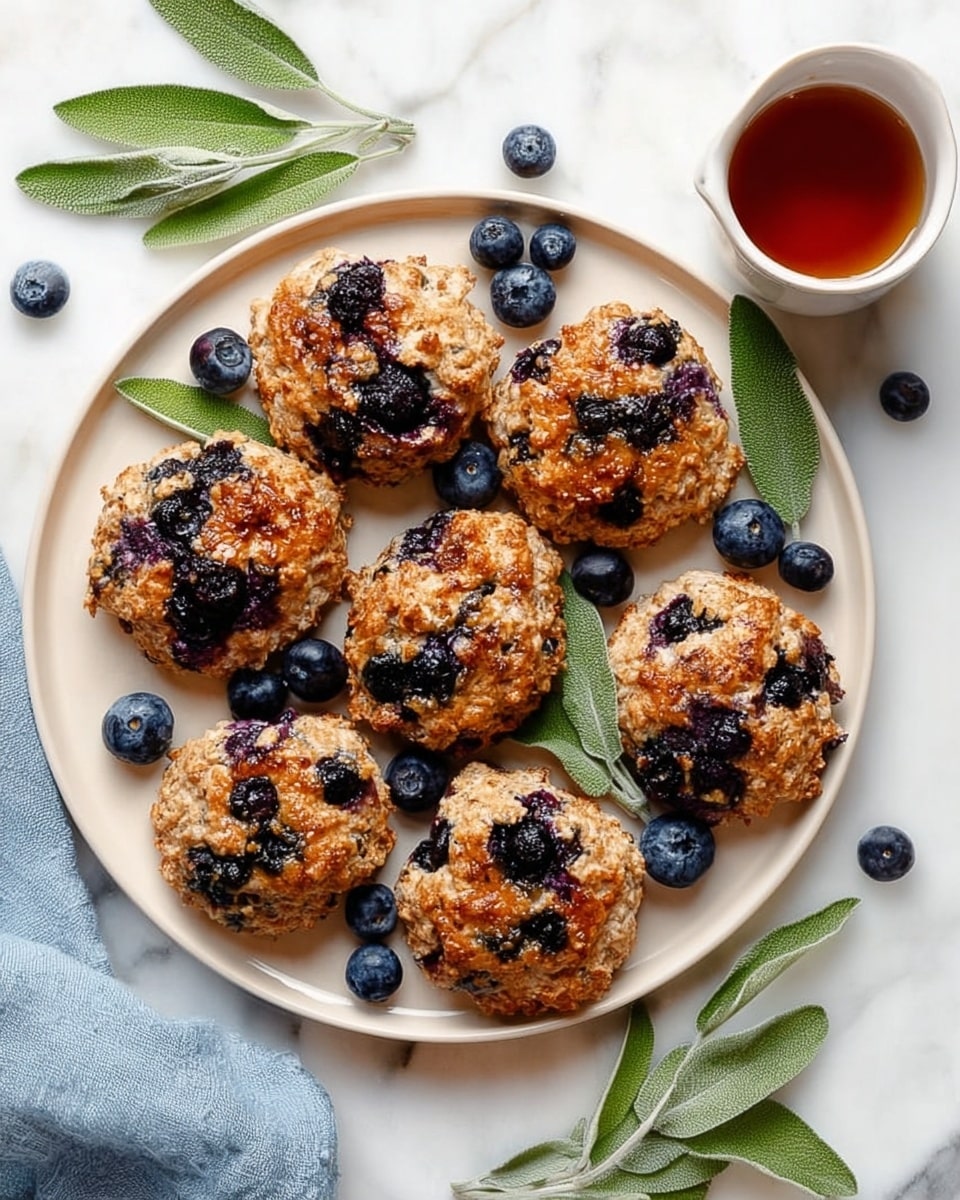 A white plate holds seven round, golden-brown biscuits studded with dark blue blueberries. The biscuits have a rough, slightly crumbly texture with some blueberries bursting out of the dough. Fresh dark blue blueberries and green sage leaves are scattered around the biscuits on the plate and across the white marbled surface beneath it. To the side, there is a small white cup filled with syrup and a soft light blue cloth is partially visible near the bottom left corner. photo taken with an iphone --ar 4:5 --v 7