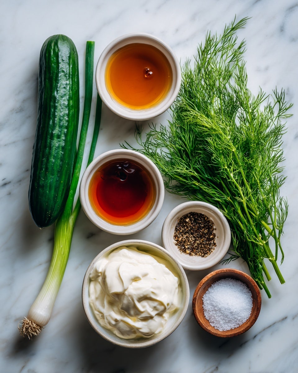 The image shows fresh ingredients for a salad and dressing arranged on a white marbled surface. On the left side, there is one long, dark green cucumber placed horizontally. Next to it is a green scallion with a white bulb end, positioned diagonally. To the right of the scallion, there is a bunch of green dill with fine, feathery leaves. On the right side of the image, five small white bowls hold salad dressing ingredients: the top left bowl contains a light brown liquid labeled apple cider vinegar, below it a bowl with dark amber maple syrup, the top right bowl has a white creamy mayonnaise, the largest bowl in the center holds thick white Greek yogurt, and the bottom right small bowl has black pepper. Next to the bowls on the top right is a small pile of white salt. All ingredients are neatly arranged and clearly labeled. Photo taken with an iphone --ar 4:5 --v 7