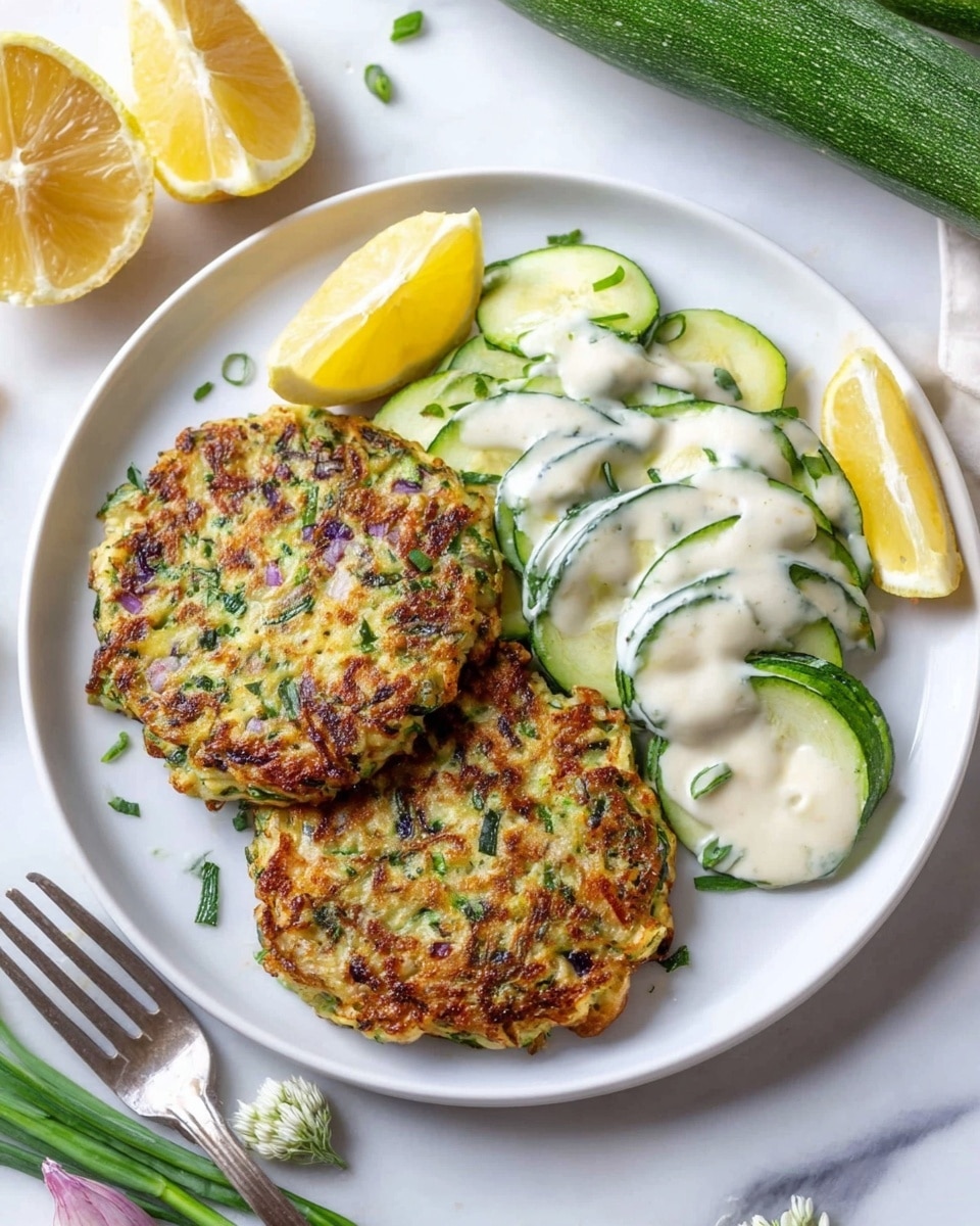 On a white plate, there are two round, golden brown zucchini patties with visible green and purple bits, stacked slightly overlapping in the bottom left area. To the right of the patties, thin pale green cucumber slices are layered in a creamy white sauce, sprinkled lightly with chopped green herbs. Around the edge of the plate, there are three lemon wedges with a bright yellow color. The plate sits on a white marbled surface with a woman's hand holding a fork and knife near the plate's bottom right, and fresh zucchinis, garlic, and chive flowers are placed nearby. photo taken with an iphone --ar 4:5 --v 7