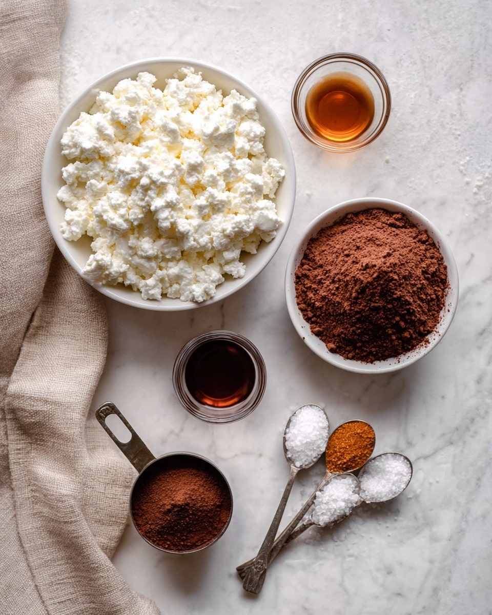 The image shows a white bowl filled with white cottage cheese placed at the upper left. To its right, there is a smaller white bowl filled with brown cocoa powder. Below them, two small clear glass bowls hold amber and dark brown liquids. At the bottom center, a metal measuring cup is full of cocoa powder, with three smaller metal measuring spoons next to it containing white granulated sugar, orange powder, and dark liquid. All items are arranged on a white marbled surface with a beige cloth partially visible on the left side. Photo taken with an iphone --ar 4:5 --v 7