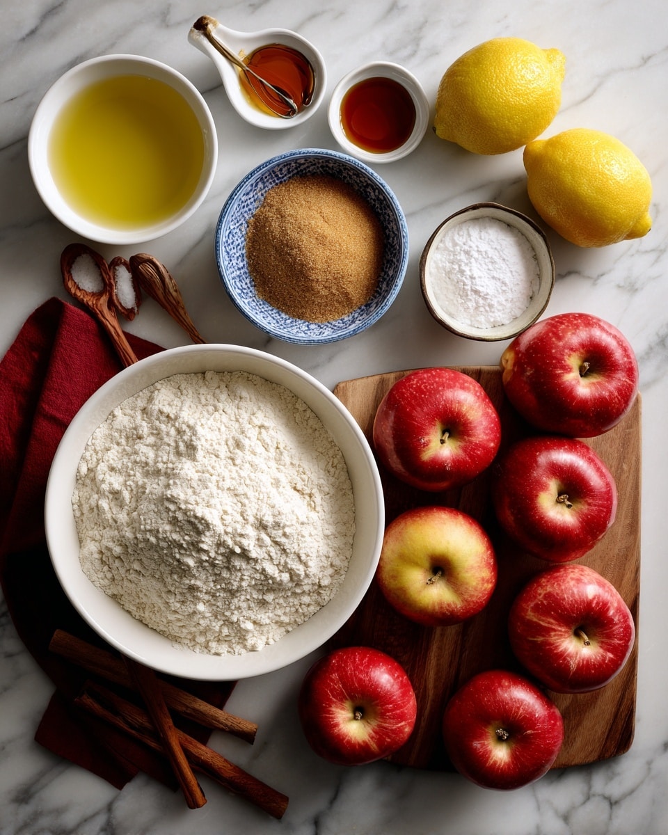 The image shows a top view of baking ingredients arranged neatly on a white marbled surface. On the left side, there is a big white bowl filled with white flour, a small golden bowl with olive oil, and a blue and white bowl with brown sugar placed on a red cloth. Near the center, a white bowl holds almond milk. To the right of this, there are four red apples arranged in a row with shiny smooth skin. Above the apples, two bright yellow lemons with a wooden cutting board underneath sit on the surface. Small wooden spoons hold cinnamon, vanilla extract, and salt next to the apples, and a small white bowl contains baking powder near the top. Everything is spaced evenly, showing a clean and bright setting. Photo taken with an iphone --ar 4:5 --v 7