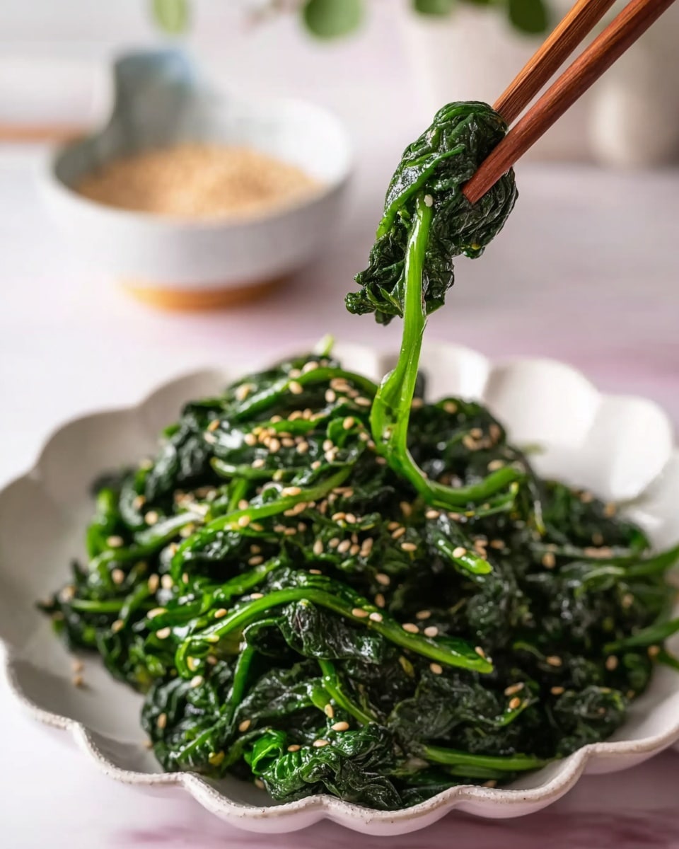 A close-up view shows a bunch of cooked dark green spinach leaves with stems, slightly shiny from oil, being held by wooden chopsticks above a white scalloped plate filled with more spinach. The spinach is sprinkled with small white sesame seeds. In the soft-focused background, there is a small white scalloped bowl filled with sesame seeds and a white pot with a plant on a white marbled surface. The image captures a fresh and simple feel. Photo taken with an iphone --ar 4:5 --v 7