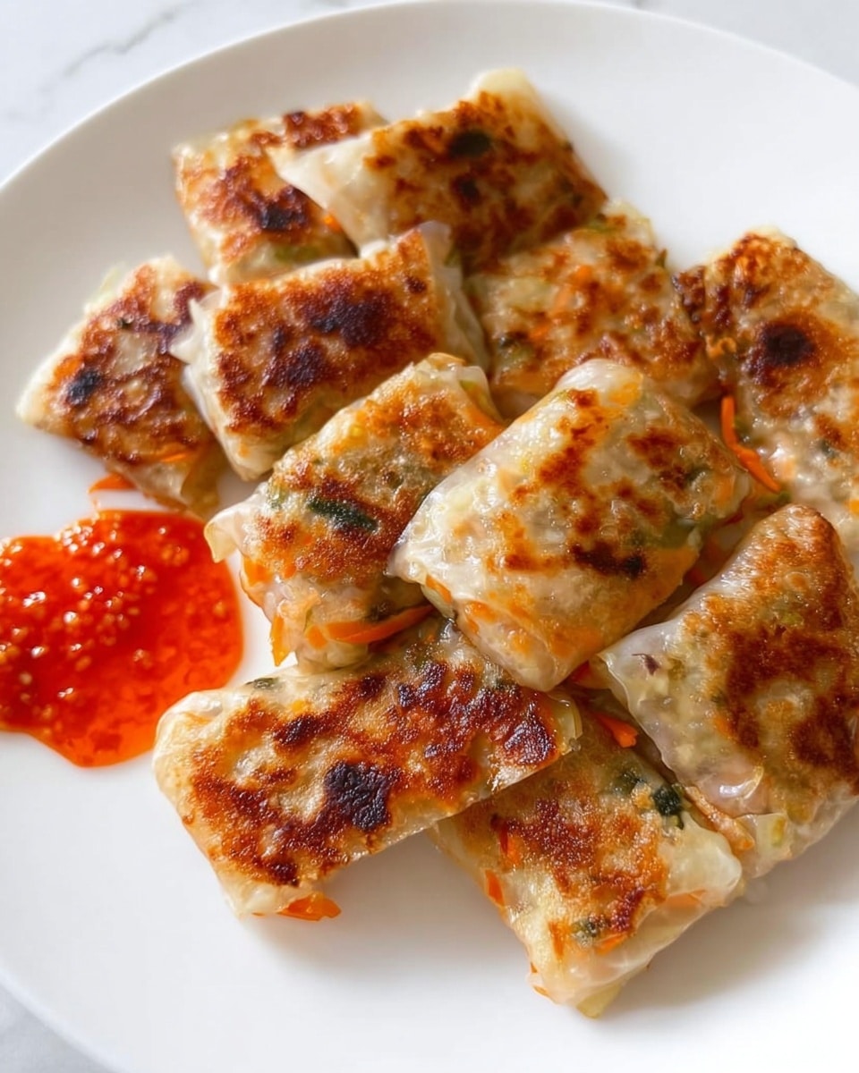 The image shows a white plate with eight golden-brown pan-fried square parcels arranged closely together. Each parcel has a slightly crispy, mottled surface with dark brown spots from frying, and some translucent areas where the thin wrapper reveals a mix of shredded orange, white, and green vegetables inside. To the left of the parcels, there is a small irregular dollop of bright red sauce with visible small seeds or spices. The plate sits on a white marbled surface. photo taken with an iphone --ar 4:5 --v 7