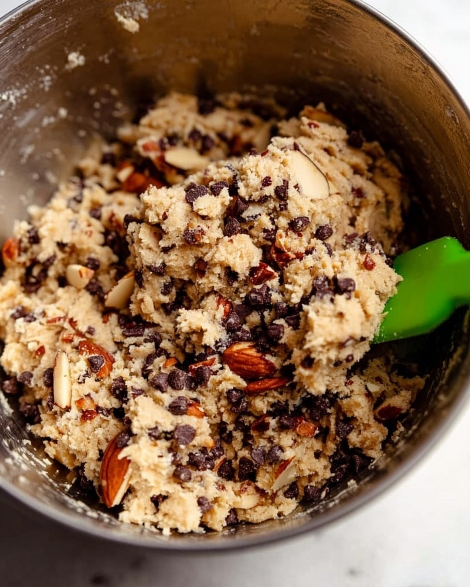 The image shows a close-up of a shiny silver mixing bowl filled with chunky cookie dough. The dough has a light beige color with many small, dark chocolate chips scattered throughout. There are also visible pieces of chopped nuts and what looks like sliced almonds mixed into the dough, adding brown and off-white textures. A green spatula is partially submerged in the dough on the right side of the bowl. The bowl sits on a white marbled surface. photo taken with an iphone --ar 4:5 --v 7