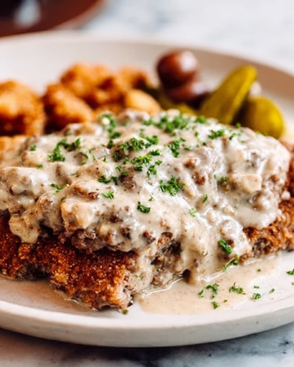 A close-up photo of a meat dish on a white plate, topped with thick white gravy with small dark bits and sprinkled with green herbs. The meat underneath looks brown and juicy with visible texture, and some crispy golden fried pieces surround the meat on the side. There are small pickles and a few round brown items blurred in the background. The plate sits on a white marbled surface. photo taken with an iphone --ar 4:5 --v 7