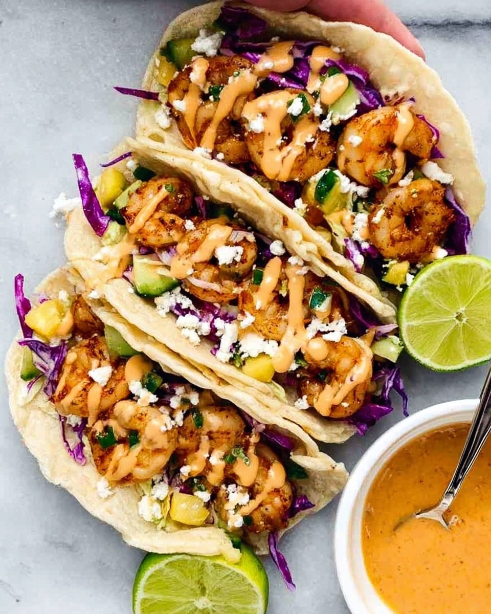 Three soft white tortillas filled with layers of golden-brown cooked shrimp, diced yellow pineapple, chopped green cucumber, and shredded deep purple cabbage. The tacos are topped with small white crumbles of cheese and drizzled with a light orange sauce. They sit closely together on a white marbled surface with two lime halves placed beside them. A woman's hand holds one of the tacos gently from the top edge. In front of the tacos, there is a white bowl filled with the same orange sauce and a spoon resting inside. Photo taken with an iphone --ar 4:5 --v 7
