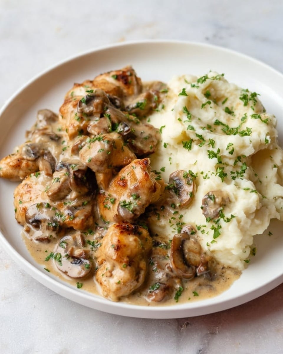 A white plate holds a serving of golden brown cooked chicken pieces on the left side, topped with creamy mushroom sauce that has light beige color and visible slices of browned mushrooms, sprinkled with small green parsley bits. On the right side, there is a smooth mound of creamy white mashed potatoes also covered with the mushroom sauce and scattered parsley. The background is a white marbled texture. Photo taken with an iphone --ar 4:5 --v 7
