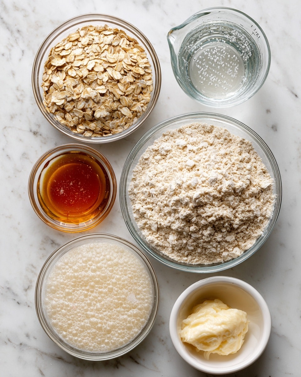 The image shows six clear glass bowls and one glass measuring cup arranged on a white marbled surface. The largest bowl on the right is filled with light beige flour with a soft, powdery texture. To its left, a slightly smaller bowl contains light brown rolled oats with a rough, flaky texture. Below the oats, a tiny bowl holds fine, pale pink salt. Next to the salt is a bowl full of thick, golden honey with a smooth, shiny surface. To the right of the honey is a white bowl filled with bubbly, creamy starter. Above the oats, a clear glass measuring cup is filled with transparent water. Each item is labeled with black text on white background. Photo taken with an iphone --ar 4:5 --v 7