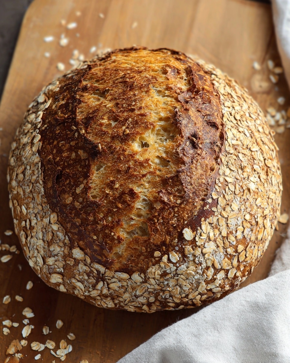 A round loaf of bread with a thick, golden-brown crust that is deeply textured and cracked on top. The outer edge of the loaf is coated in dry oats, creating a rough, light tan frame around the softer, darker top. The bread rests on a wooden board, with a few oats scattered around it, and a soft white cloth partially visible on the side. The setting is simple, highlighting the rustic look of the bread. photo taken with an iphone --ar 4:5 --v 7