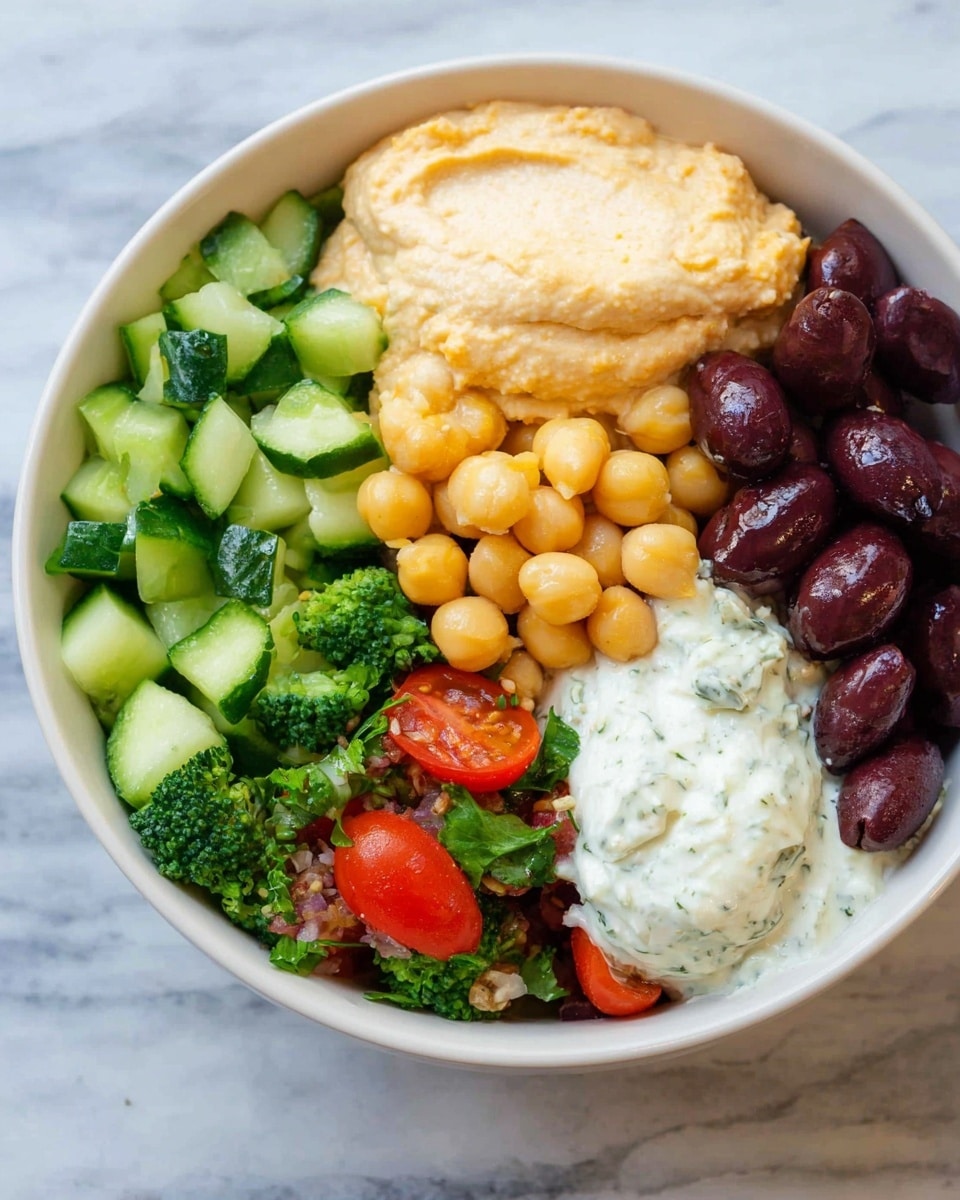 A white bowl holds a colorful layered dish set on a white marbled surface. The bottom layer is a mix of diced green cucumbers, broccoli, and chopped red cherry tomatoes with some greens mixed in. To the right, there is a pile of round, light yellow chickpeas. On top of the chickpeas and veggies, there are two dollops of creamy spread; one is a smooth, pale orange hummus, and the other is a white, speckled sauce, likely tzatziki. Near the top right edge of the bowl, dark purple Kalamata olives are piled up, adding a rich contrast to the lighter colors. photo taken with an iphone --ar 4:5 --v 7
