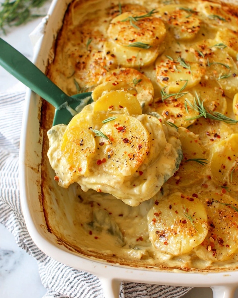 A white baking dish filled with creamy potato casserole showing several visible layers. The top layer consists of golden yellow round potato slices covered with a thick, creamy sauce that has small green herb sprigs scattered on it, along with red pepper flakes sprinkled across. Underneath the top, there are more soft potato slices and the creamy sauce filling the dish, with some layers of thin cream evident. A green spatula holds up a scoop showing the layered texture and richness beneath. The dish is placed on a white marbled surface with a striped cloth nearby. photo taken with an iphone --ar 4:5 --v 7