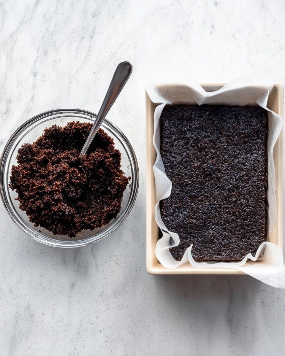 The image shows two side-by-side scenes on a white marbled surface. On the left, there is a clear glass bowl filled with dark crumbly mixture that looks dense and textured, with a spoon resting inside the bowl. On the right, the same dark mixture is pressed flat into a square white baking pan lined with white parchment paper, showing a smooth but uneven top layer. Both scenes highlight the rich, dark color and crumbly texture of the mixture. photo taken with an iphone --ar 4:5 --v 7