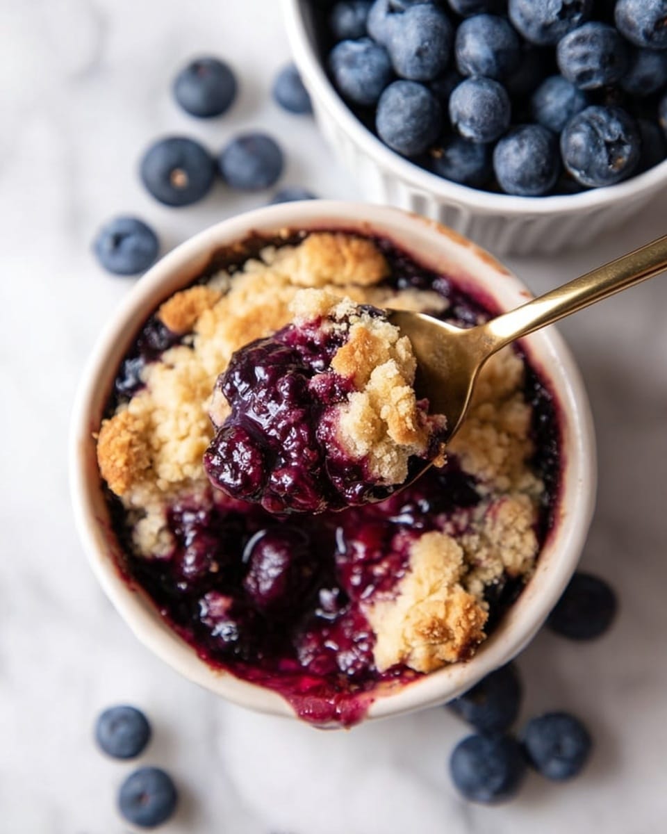 A small white bowl filled with a fruit crumble dessert sits on a white marbled surface. The bottom layer is a deep purple berry filling with visible blueberries and a thick, juicy texture. On top of this is a crumbly, golden-brown crustic layer broken in parts, showing the rich berry mix underneath. A golden spoon scoops up some crumble and berries from the bowl. Nearby, there is another white bowl filled to the top with fresh, plump blueberries, and some scattered blueberries are visible on the white marbled surface around the bowls. photo taken with an iphone --ar 4:5 --v 7