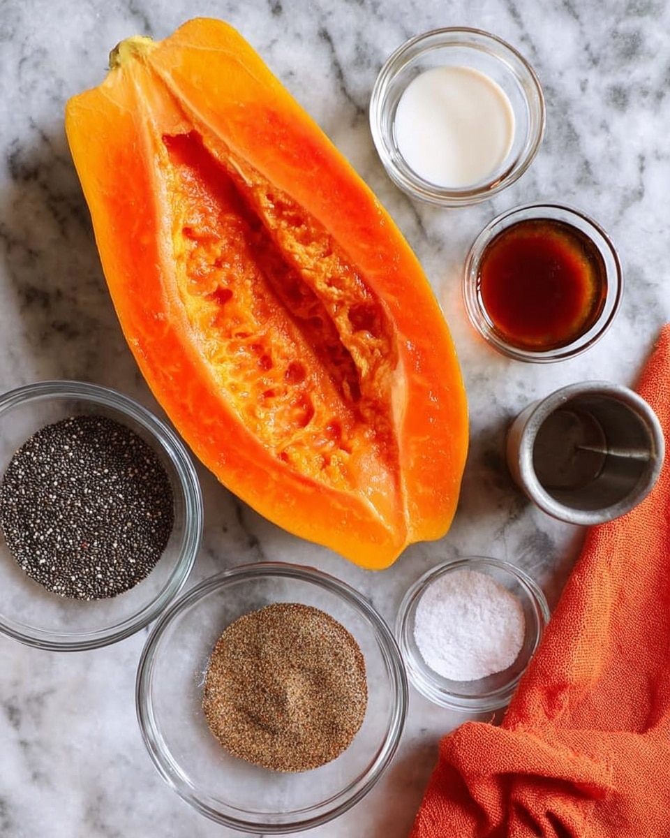 The image shows a halved bright orange papaya placed on a white marbled surface with its seeds removed, surrounded by small clear glass bowls holding different ingredients: black chia seeds, white liquid, brown powder mixed with salt and pepper, and a small amount of dark syrup. Nearby is a small silver container and an orange cloth on the right side of the scene. photo taken with an iphone --ar 4:5 --v 7