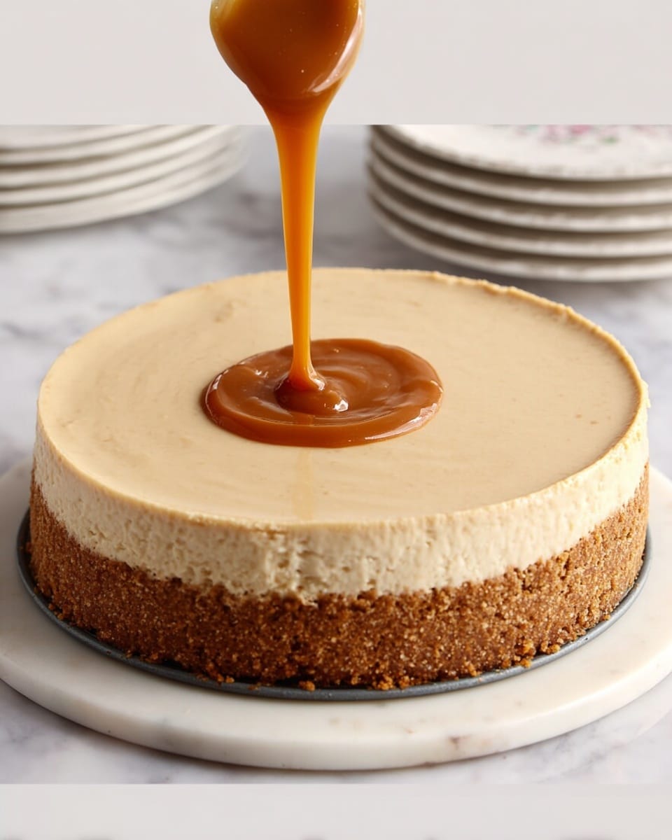 The image shows a round dessert with two main layers on a white marble surface. The bottom layer is a thick, brown crumbly crust with a grainy texture. The top layer is smooth and creamy, pale beige in color, and thicker than the crust. On the right side, caramel-colored sauce is being poured in a thick stream onto the center of the creamy top layer, creating a circular puddle with ripples as it spreads out. The dessert sits on a white round plate, and in the background are some white plates stacked neatly. photo taken with an iphone --ar 4:5 --v 7