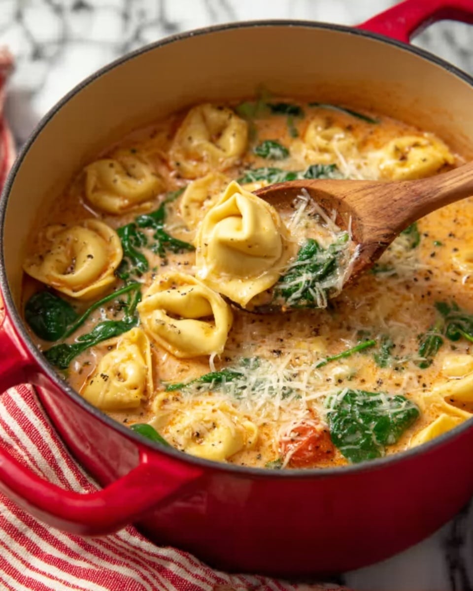The image shows a red pot filled with a creamy soup containing yellow tortellini floating on top. The soup has a light orange color with visible green spinach leaves and bits of shredded cheese sprinkled over it. A woman's hand holds a wooden spoon lifting some tortellini, spinach, and soup from the pot. The pot sits on a white marbled surface with a red and white striped cloth nearby. The scene is bright and clear, emphasizing the warm, inviting textures and colors of the dish. photo taken with an iphone --ar 4:5 --v 7