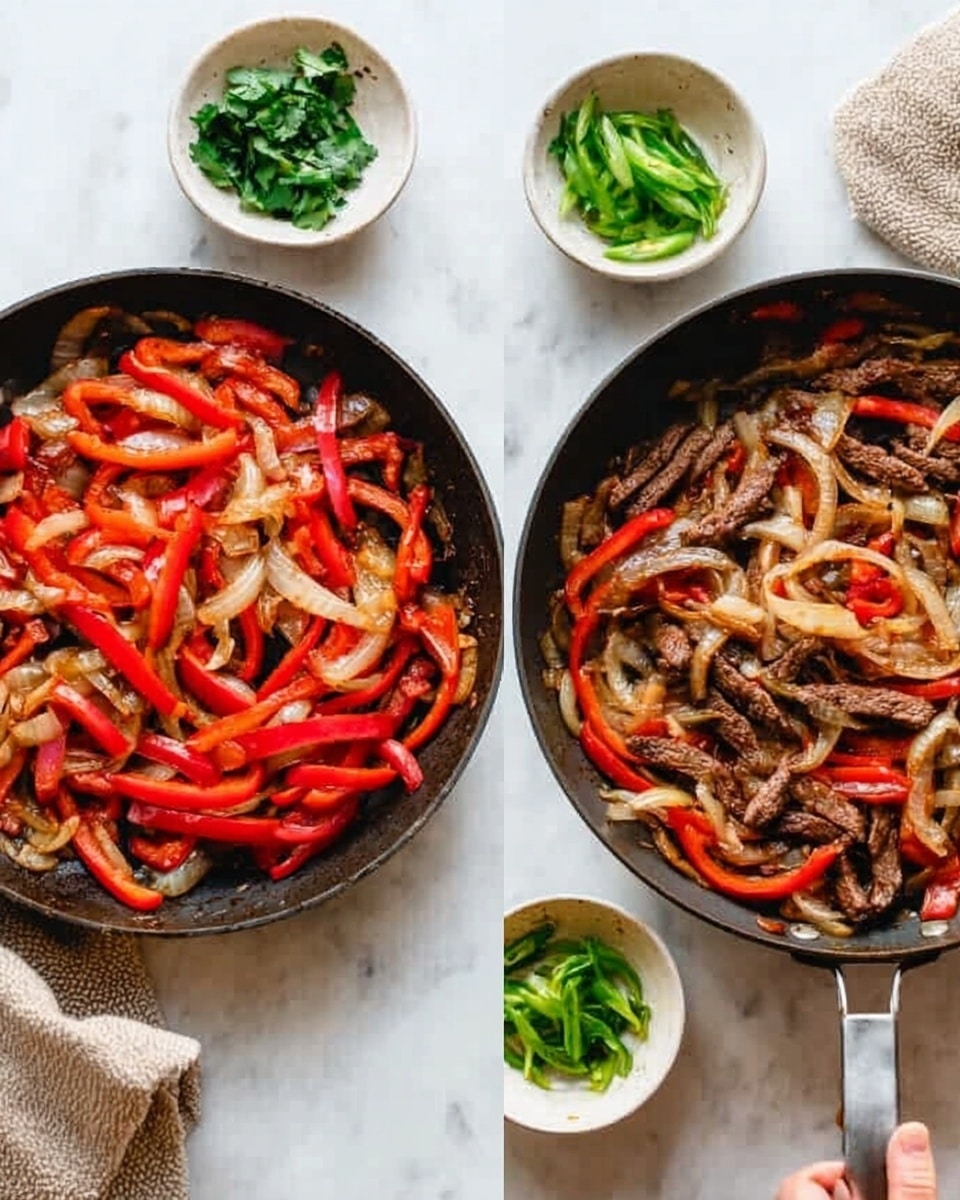 The image shows two frying pans on a white marbled surface, each filled with cooked sliced red bell peppers, onions, and browned strips of meat. The pan on the left has bright red and slightly shiny peppers layered on top of caramelized onions, all mixed around with darker browned meat. To the right, the second pan has a similar mix but with darker colored strips of meat that contrast with the vibrant red peppers and translucent onions, creating a layered look. Around the pans, there are small white bowls with fresh green herbs and sliced green vegetables, adding freshness to the scene. A woman's hand is holding the handle of the pan on the right. The whole setting is bright with soft natural light. Photo taken with an iphone --ar 4:5 --v 7