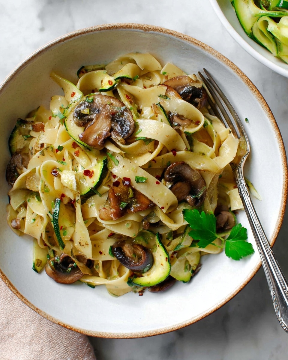A white bowl holds a serving of wide, flat noodles mixed with sliced dark brown mushrooms and green zucchini pieces. The noodles are light cream, soft, and tangled, coated lightly with seasoning that adds tiny red flecks for a bit of color. The mushrooms are whole or halved with a slightly glossy texture, and the zucchini pieces are small, thick half-moons with a fresh green skin. A small bright green herb leaf garnish rests on the side. A silver fork is placed on the right side inside the bowl. The bowl sits on a white marbled surface, and in the top right corner, part of another white bowl with light green food is visible. photo taken with an iphone --ar 4:5 --v 7