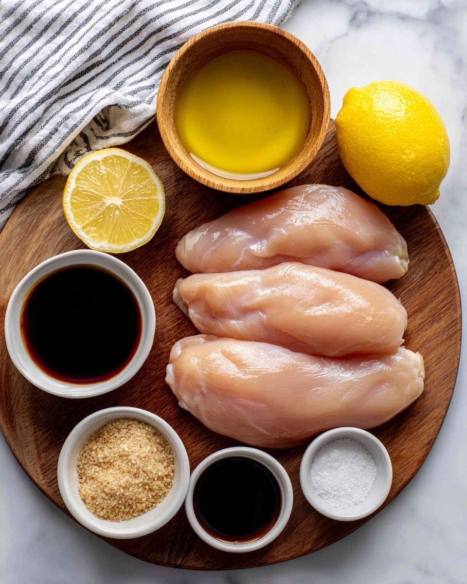 Three pieces of pale pink raw chicken placed side by side on a small wooden board, centered at the bottom. Above them, a light wood bowl filled with shiny golden extra-virgin olive oil sits in the middle. To the left, a small white bowl holds very dark brown soy sauce, next to a halved lemon and a whole lemon with bright yellow skin. Below the soy sauce bowl, a tiny bowl contains light brown sugar granules. On the right side, a small white bowl with a shiny very dark liquid balsamic vinegar is near the bottom edge, above it is a tiny white bowl with a dark brown Worcestershire sauce. Above these, a shallow white bowl holds white salt, beige garlic powder, and black pepper in separate piles. A white and black striped cloth is partially visible behind the wooden board at the top edge, all set on a white marbled surface. Photo taken with an iphone --ar 4:5 --v 7