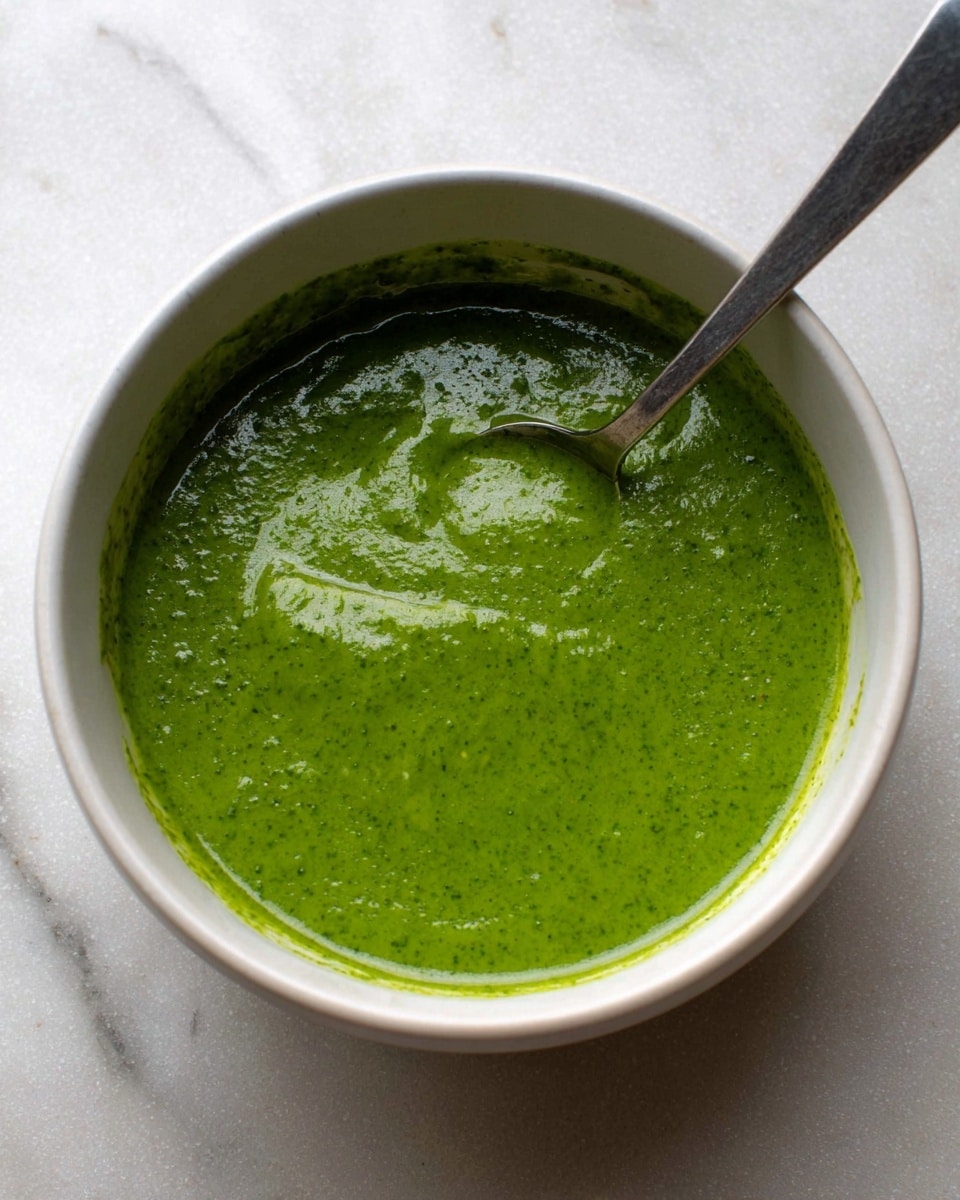 A white bowl filled with a smooth, bright green sauce that has a slightly shiny and thick texture. The sauce is evenly spread inside the bowl, with some splashes visible along the inner sides. A metal spoon rests inside the bowl on the right side, partially immersed in the green sauce. The bowl is placed on a surface with a white marbled texture. photo taken with an iphone --ar 4:5 --v 7