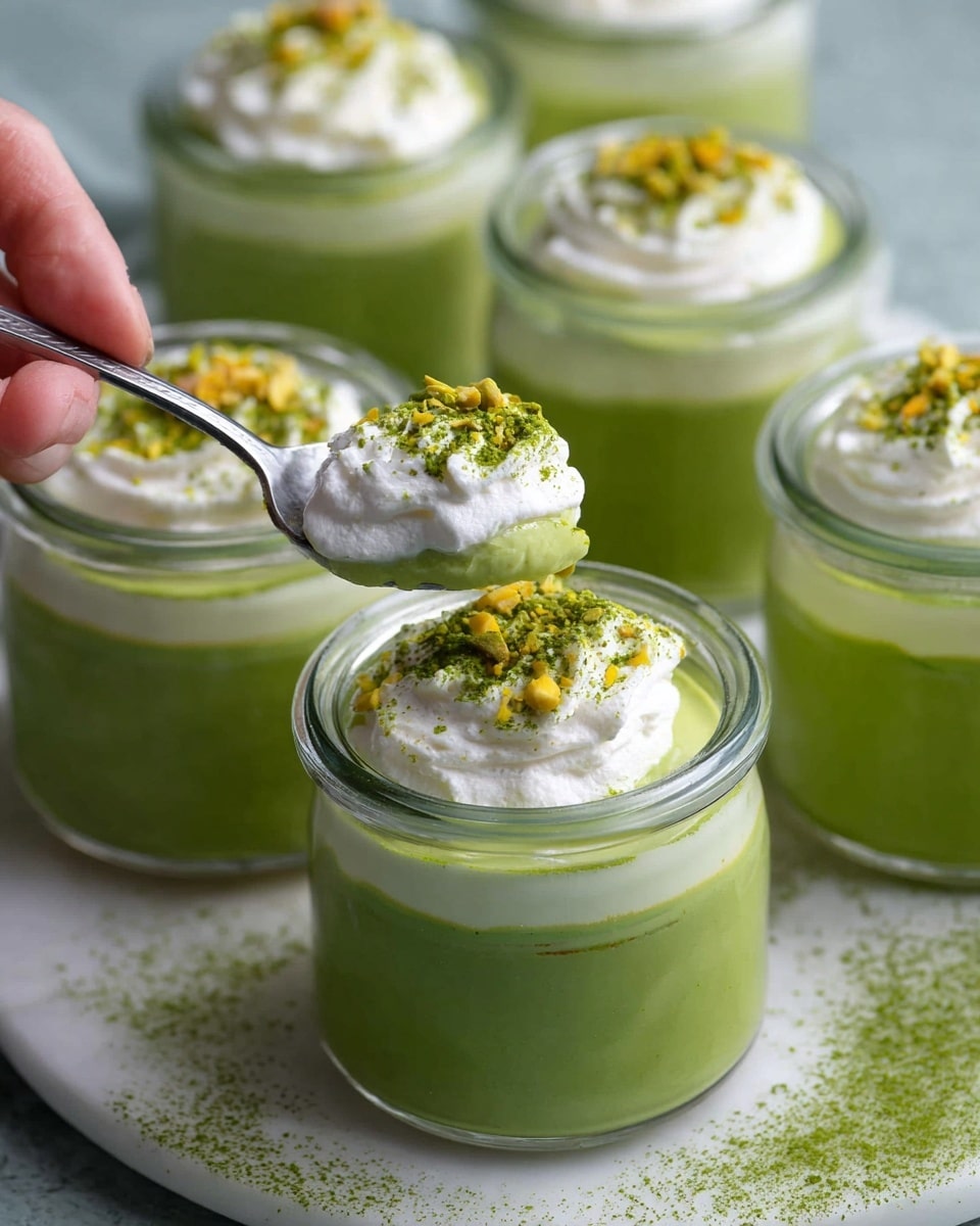 Five small clear glass jars filled with three layers are shown; the bottom layer is thick and creamy light green, the middle layer is smooth and slightly darker green, and the top layer is smooth light green. Each jar is topped with a dollop of white whipped cream and sprinkled with fine green powder and small yellow bits. One jar is being scooped by a spoon held by a woman's hand, lifting a layered spoonful with whipped cream on top. The jars sit on a white marbled surface with some green powder scattered around. Photo taken with an iphone --ar 4:5 --v 7