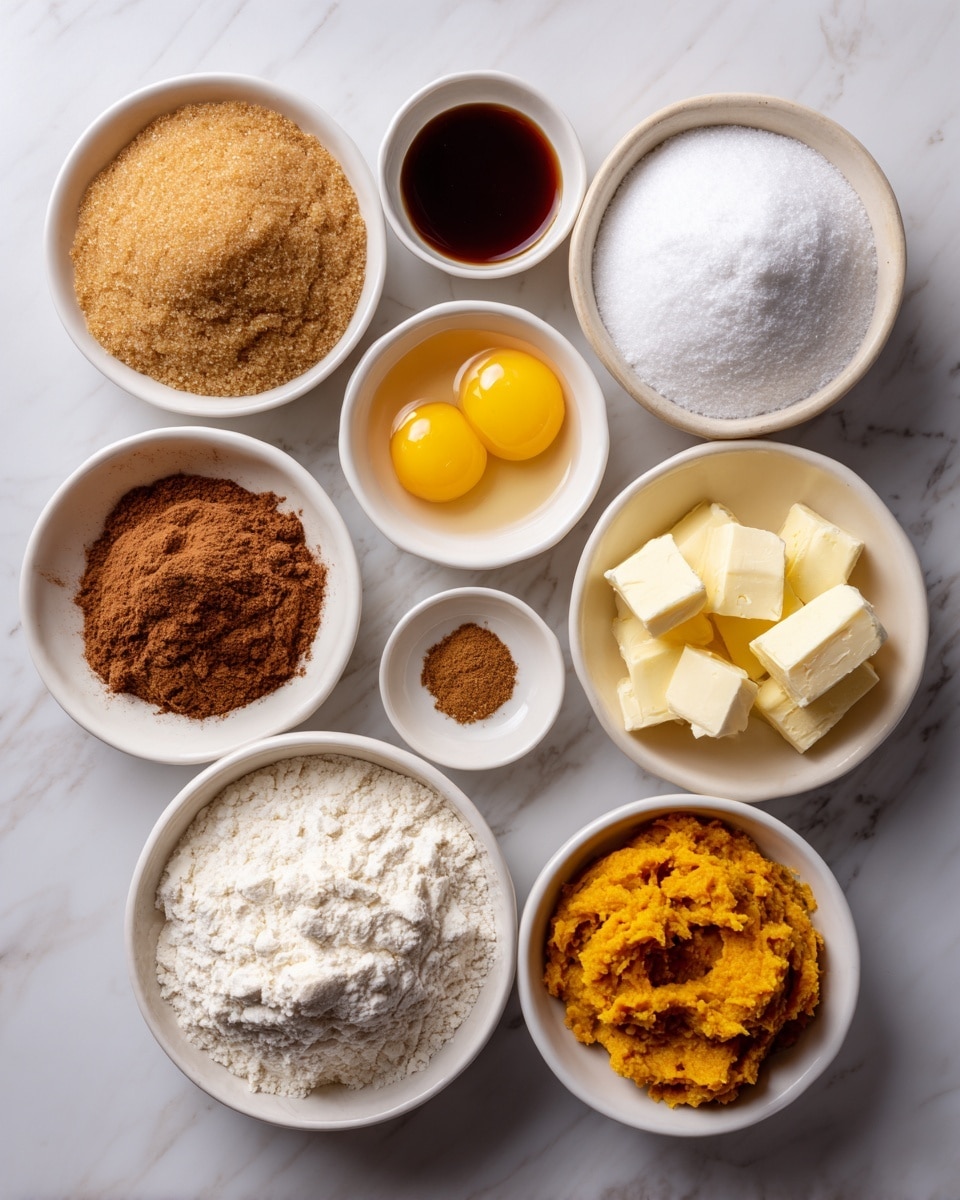 The image shows nine small white bowls arranged on a white marbled surface, each filled with a different baking ingredient. From top left clockwise: a bowl filled with light brown, soft brown sugar; a small bowl with dark amber vanilla liquid; a bowl with fine white sugar; a bowl with two bright yellow egg yolks; a bowl with white powder baking soda; a bowl with white salt; a bowl with butter pieces cut into cubes; a small bowl with brown pumpkin spice powder; and a bowl with bright orange pumpkin puree. In the center is a bowl filled with white flour forming a small mound. Each bowl is clearly labeled with black text. Photo taken with an iphone --ar 4:5 --v 7