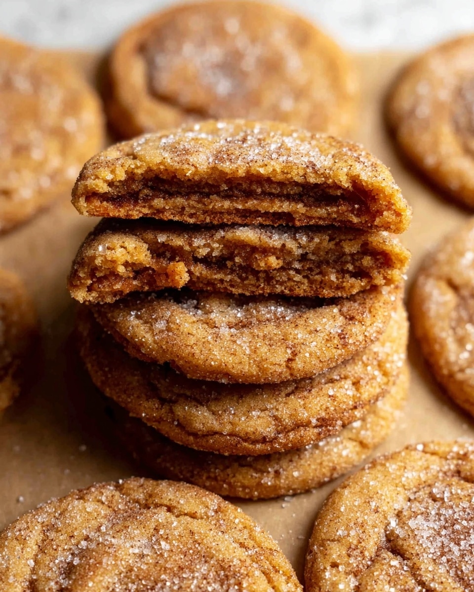 The image shows a stack of three brown cookies, each with a slightly rough texture and soft edges, held above a group of similar round cookies arranged flat on a light brown parchment paper surface. The cookies have a golden brown color with a slightly darker tint inside, and they are sprinkled with a light layer of white sugar crystals that give a subtle sparkle. The inside of the stacked cookies shows a chewy, dense texture with small cracks, and the flat cookies around have a slightly cracked top with some shine. The background is a white marbled texture. Photo taken with an iphone --ar 4:5 --v 7