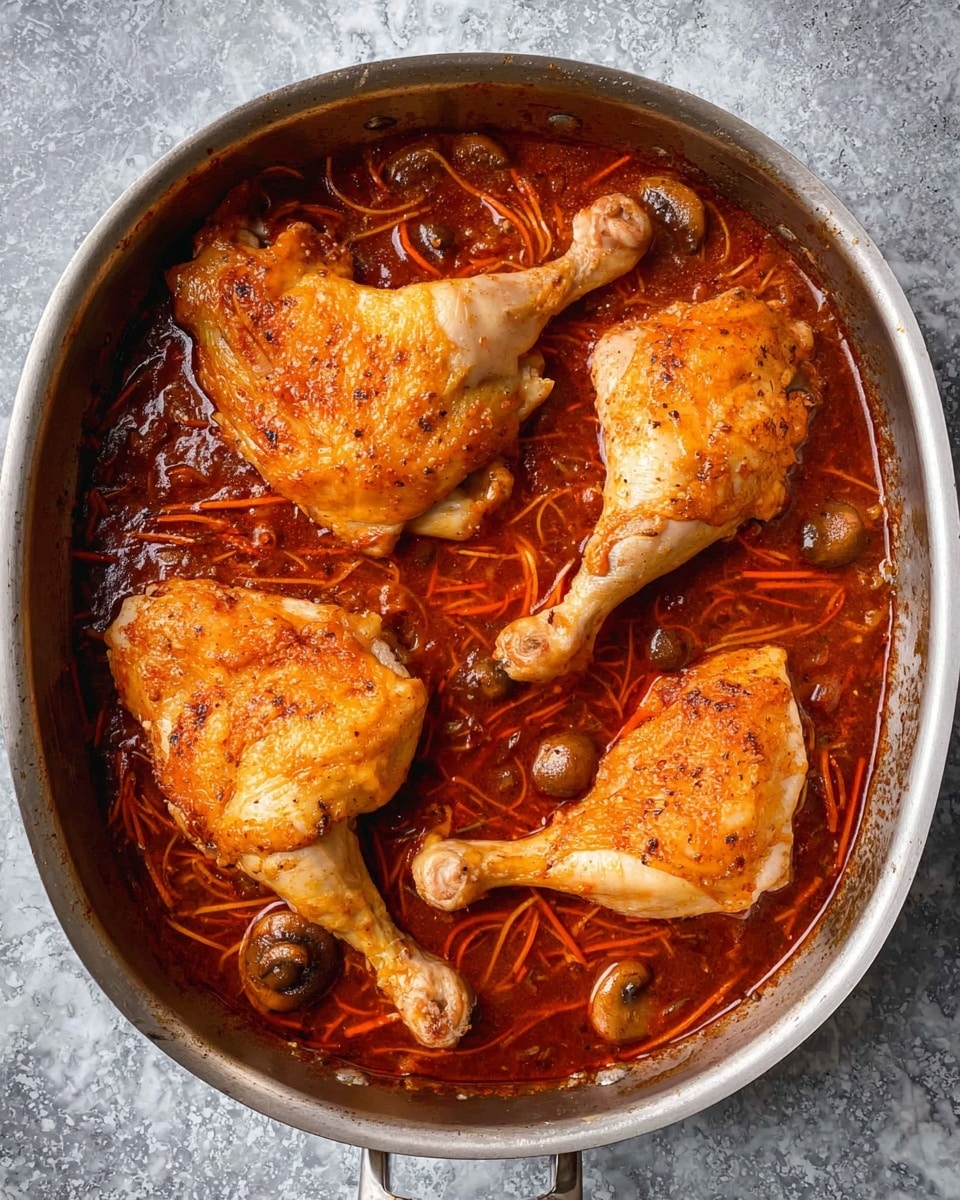 The image shows a metal pan filled with a rich red-brown sauce that has visible thin strips of orange carrot and some small round vegetables or mushrooms floating inside. There are three large, golden-brown cooked chicken legs placed on top, each with a crispy skin and a slightly shiny surface from the sauce. The pan sits on a textured grey surface, but this is changed to a white marbled texture behind it. The chicken pieces are positioned in a triangular shape, filling most of the pan. Photo taken with an iphone --ar 4:5 --v 7