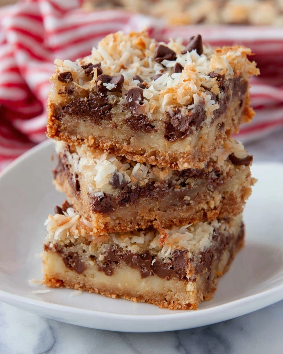 A white square baking dish filled with a layered dessert. The bottom layer is golden toasted coconut flakes, topped with scattered dark chocolate chips, and a light sprinkle of shredded coconut on top. In the background, there are two white bowls, one filled with dark chocolate chips and the other with shredded coconut, placed on a red and white striped cloth. The scene is set on a white marbled surface. photo taken with an iphone --ar 4:5 --v 7