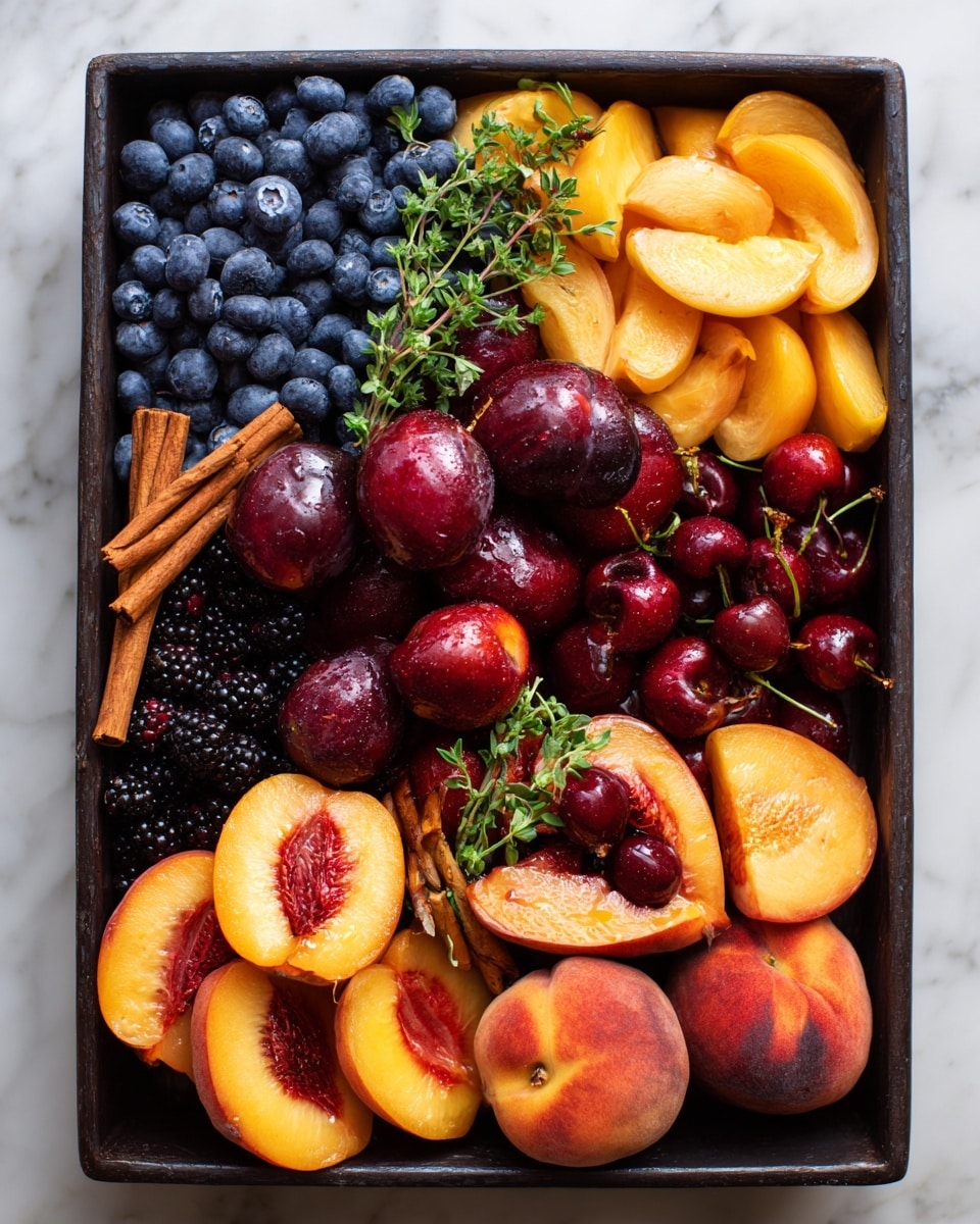 A dark rectangular tray filled with different fruits and spices placed on a white marbled surface. The top left corner is full of small, round blue blueberries mixed with green thyme sprigs. Next to it on the top right are sliced orange-yellow nectarine pieces. Below the nectarine, in the top right corner, are dark red cherries, some whole and some pitted. The central area of the tray is packed with shiny red and purple plums, some whole and some halved, with a few blackberries scattered around. The bottom left side has bright orange apricot halves with their pits visible, next to three cinnamon sticks and a halved lemon showing its pale yellow inside. The bottom right section contains halved and whole peaches with soft, velvety skin in reddish-yellow tones, accented by more green thyme sprigs and a few blueberries and cherries scattered around. Photo taken with an iphone --ar 4:5 --v 7