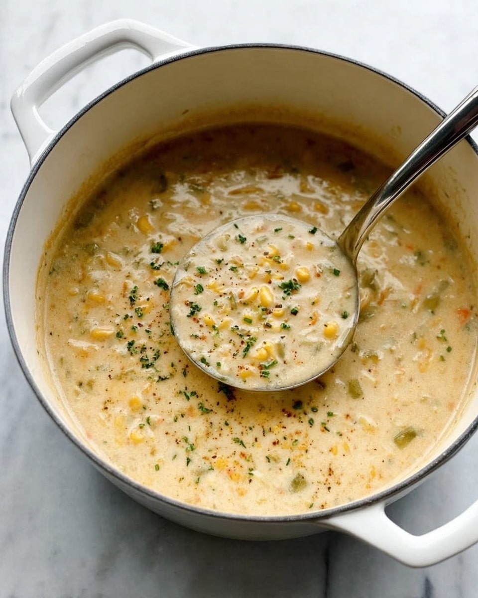 The image shows a thick creamy soup in a white pot, with a large metal ladle resting inside. The soup is light beige with small visible pieces of corn, beans, and finely chopped vegetables, giving it a slightly chunky texture. The pot is placed on a white marbled surface, and the overall scene is bright and clean. Photo taken with an iphone --ar 4:5 --v 7