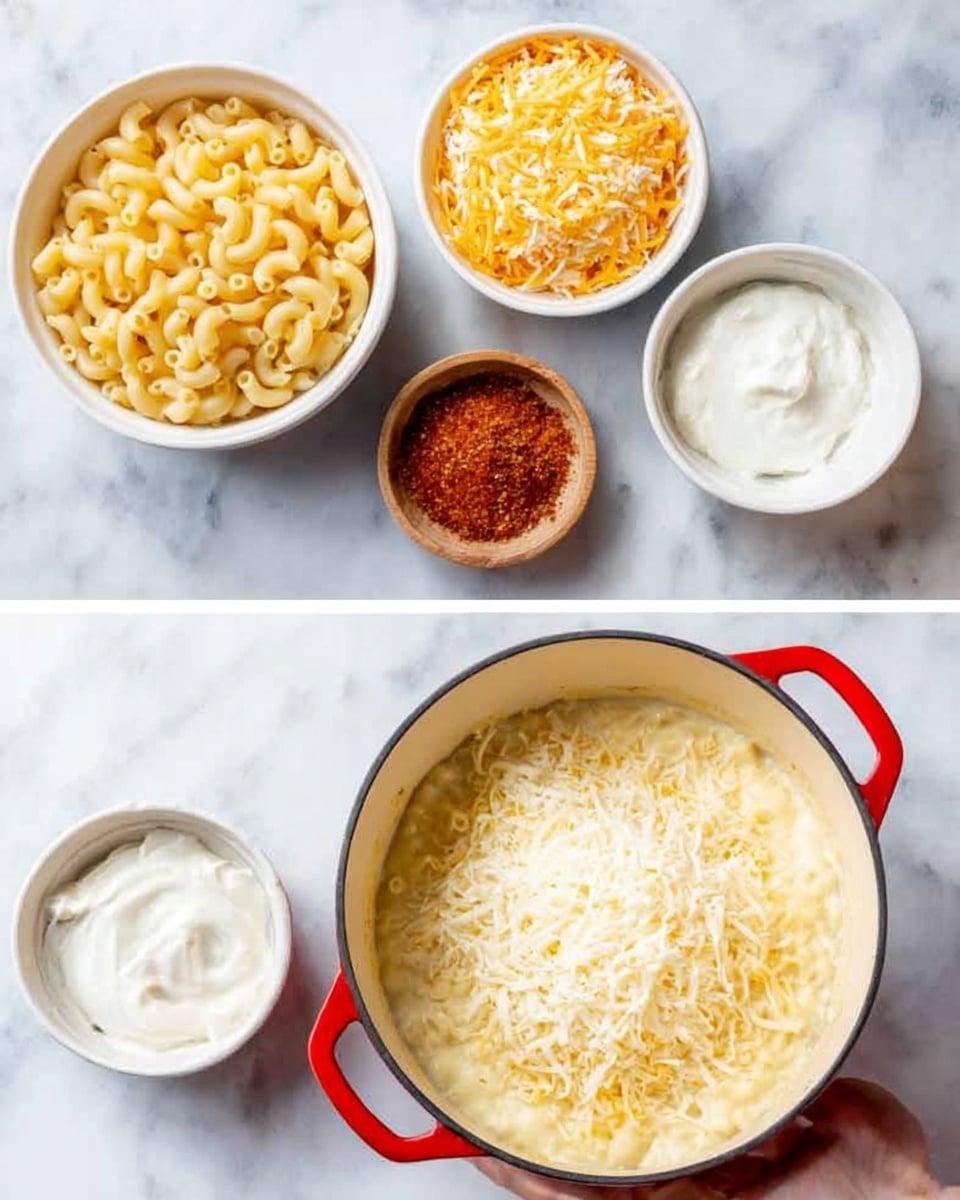 The image shows two scenes side by side on a white marbled surface. On the left, there are five white bowls arranged in a circle: one filled with uncooked elbow macaroni, another with shredded yellow and white cheese, a small bowl with a reddish-brown powder, a bowl holding white cream, and another bowl with milk. On the right, a white pot with red handles contains a creamy yellow mixture topped with a large pile of shredded cheese and a dollop of white cream. The textures show the smooth cream base with the soft, shredded cheese layered on top in the center of the pot. A woman's hand is holding the pot. Photo taken with an iphone --ar 4:5 --v 7