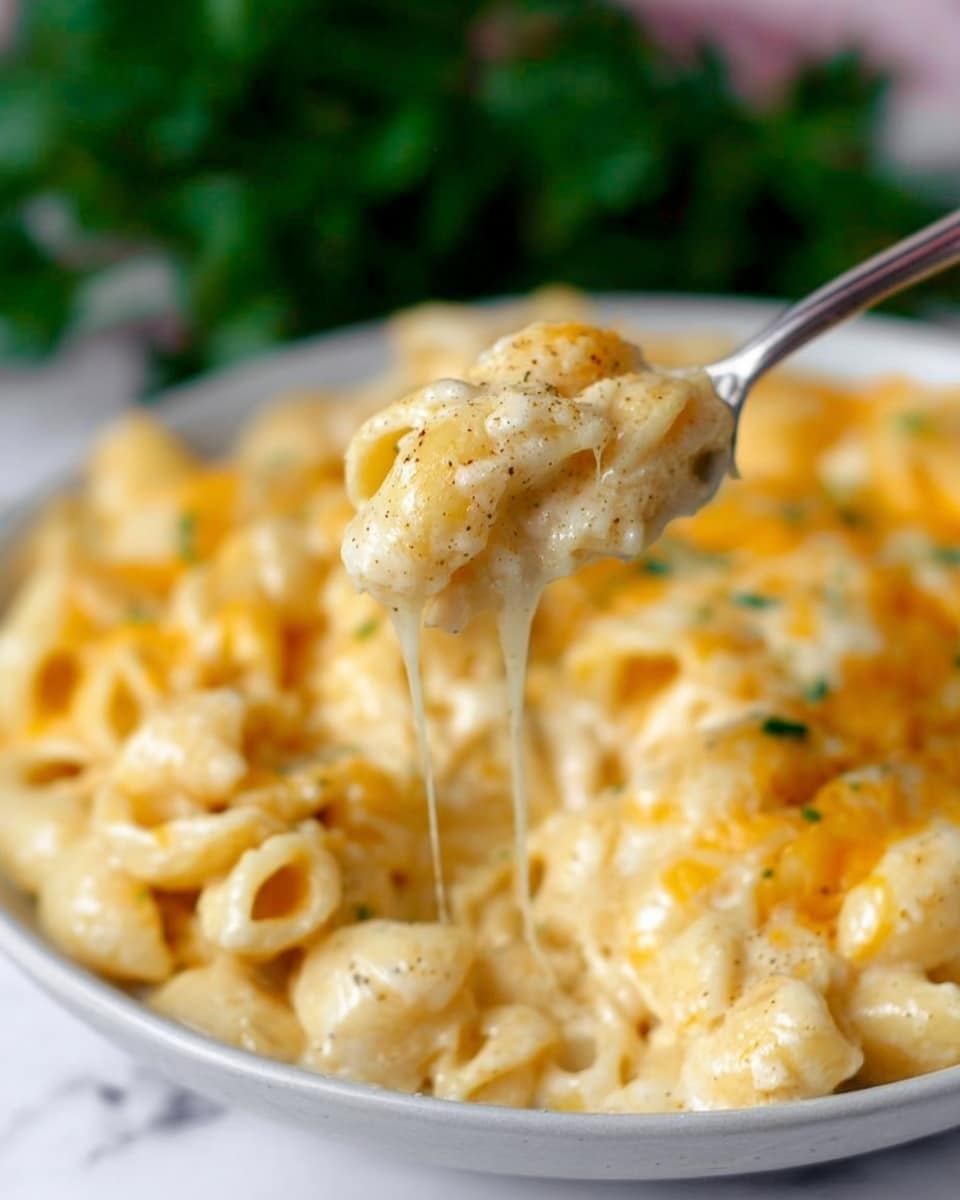 A close-up view of a white plate filled with creamy macaroni and cheese, showing pasta shells covered in melted cheese sauce with a mix of white and light yellow cheese on top. A spoon lifts a small portion of the macaroni and cheese, with the pasta shells thickly coated in creamy sauce, shining under soft light. The background is blurred with hints of green leaves, and the scene is set on a white marbled surface. The photo is sharp on the pasta being lifted and soft around the edges, creating a warm, inviting feeling. Photo taken with an iphone --ar 4:5 --v 7