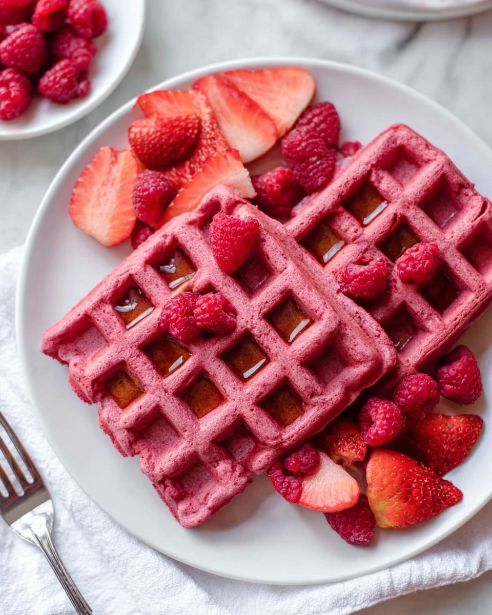 The image shows a white plate with two thick, square-shaped, pink waffles placed side by side, each with a deep grid pattern holding syrup in the center squares. On top and beside the waffles, there is a pile of fresh red raspberries and sliced strawberries, adding a vibrant contrast of red and pink tones. Next to the plate, there are additional waffle pieces visible, maintaining the same pink color and texture. The plate sits on a white marbled surface with a white cloth nearby and a silver fork resting to the left. Photo taken with an iphone --ar 4:5 --v 7
