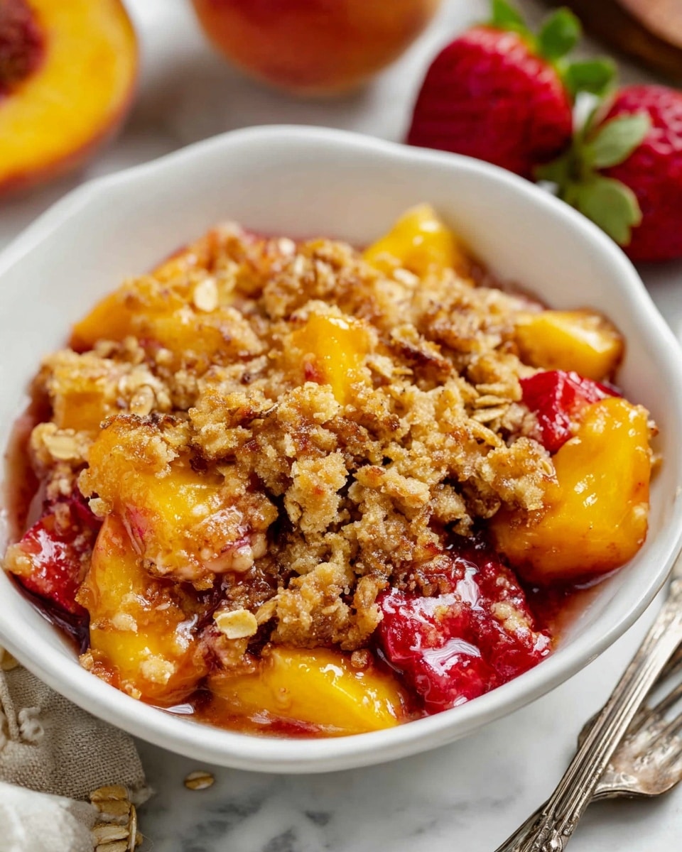 A white bowl is filled with a fruit crumble dessert showing three main layers: the bottom layer with bright, juicy chunks of orange-yellow peach and red strawberries mixed with glossy syrup, the middle layer where the fruit juices blend softly with the topping, and the top layer of golden-brown crisp oat crumble pieces with a rough texture and small oats scattered. The bowl is placed on a white marbled surface with a fork nearby and blurred peaches and strawberries in the background. Photo taken with an iphone --ar 4:5 --v 7